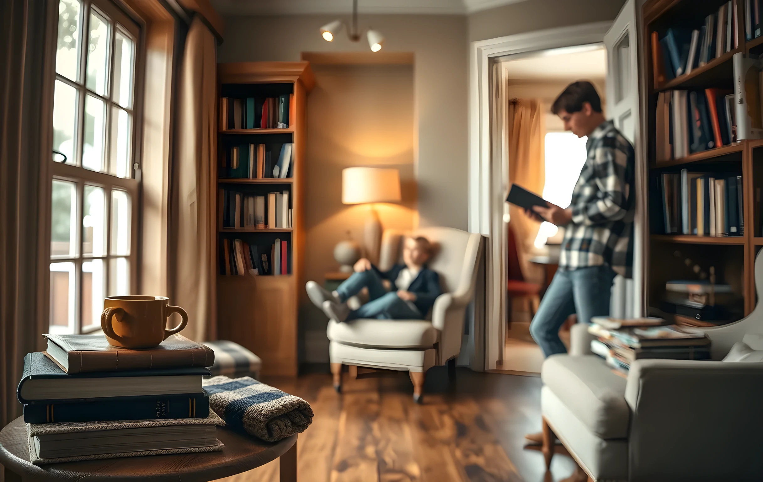 A cozy corner of a home library, where a wooden reading nook features stacked leather-bound journals, a woven blanket, and a ceramic mug resting on a low side table. Through an open doorway, a teenager sits on a plush armchair holding a book, while a parent stands nearby arranging a neat stack of correspondence envelopes on a nearby shelf. Warm lamplight casts soft shadows across the room, emphasizing quiet preparation and thoughtful reflection