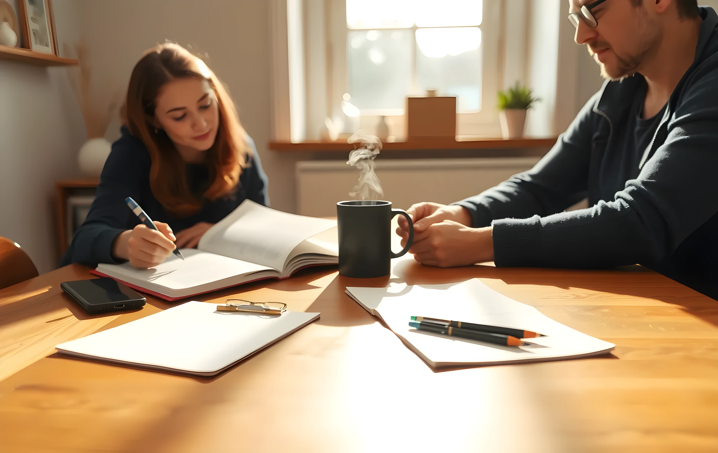 A sunlit kitchen table where a college student and parent review application materials together, surrounded by open notebooks, pens, and a steaming mug, with soft morning light casting gentle shadows across the wooden surface