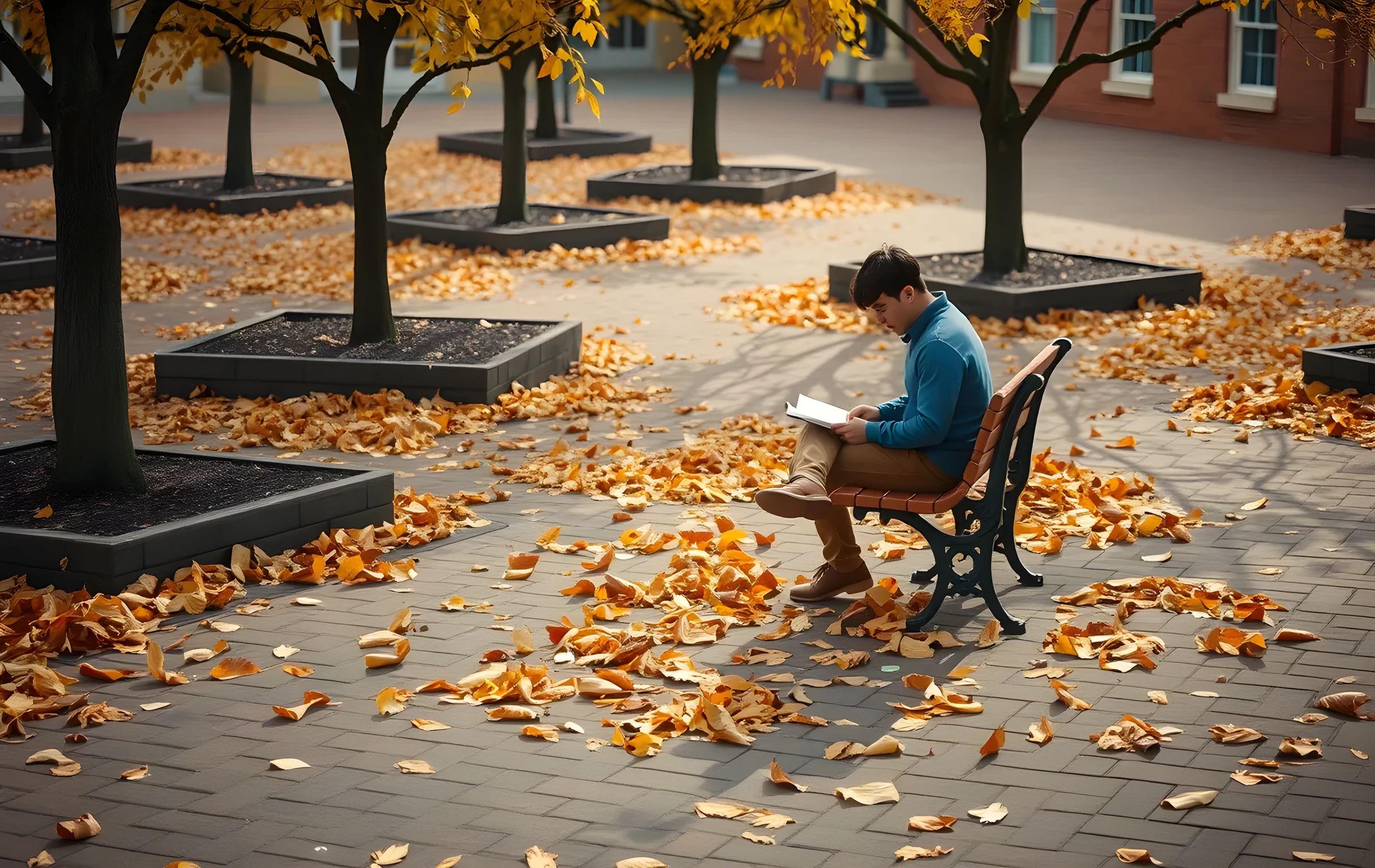 A quiet campus courtyard bench in autumn, where a single student sits reading a thick textbook, surrounded by fallen leaves and brick pathways, captured from a medium distance to emphasize the peaceful academic atmosphere