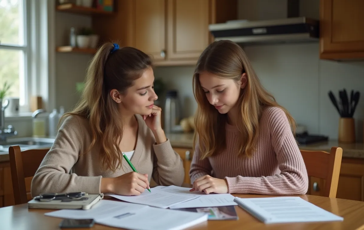 A mother and teenage student reviewing 504 plan paperwork together at a kitchen table