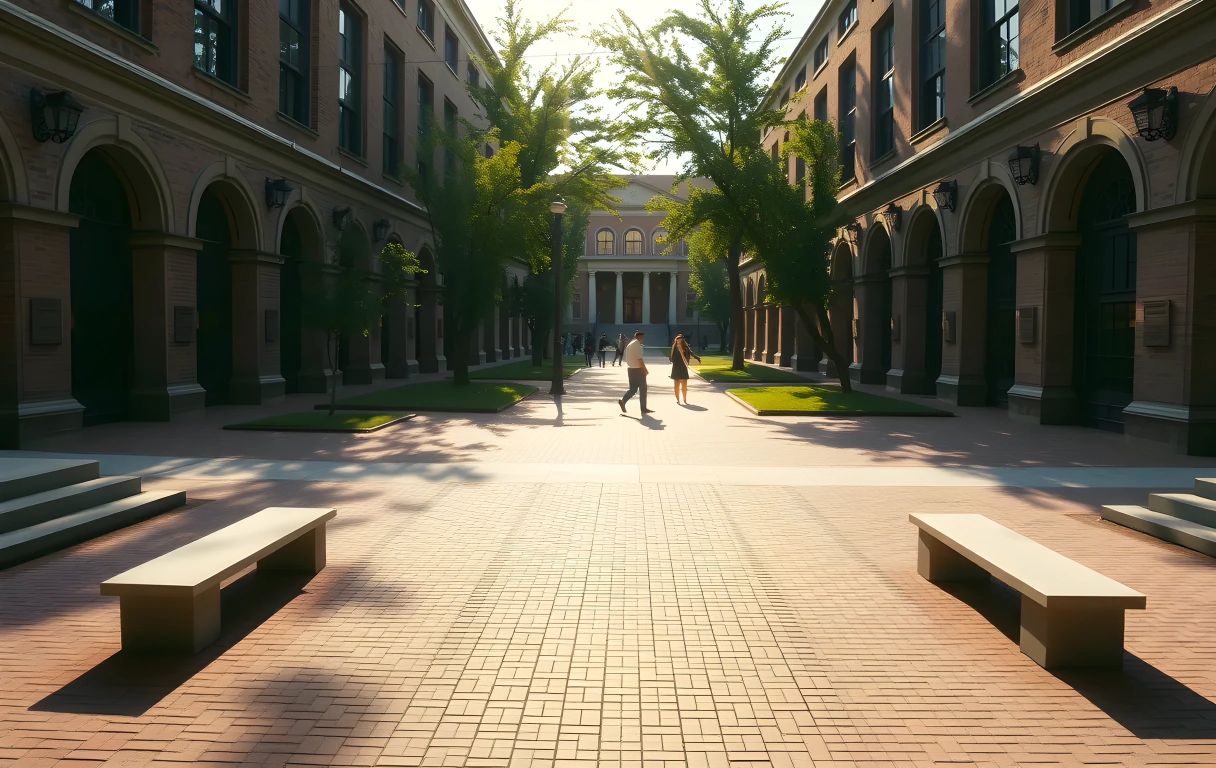 A wide-angle view of a quiet university campus quadrangle in late afternoon, showing brick pathways, stone benches, and distant students walking between library buildings, framed by tall trees and soft natural light