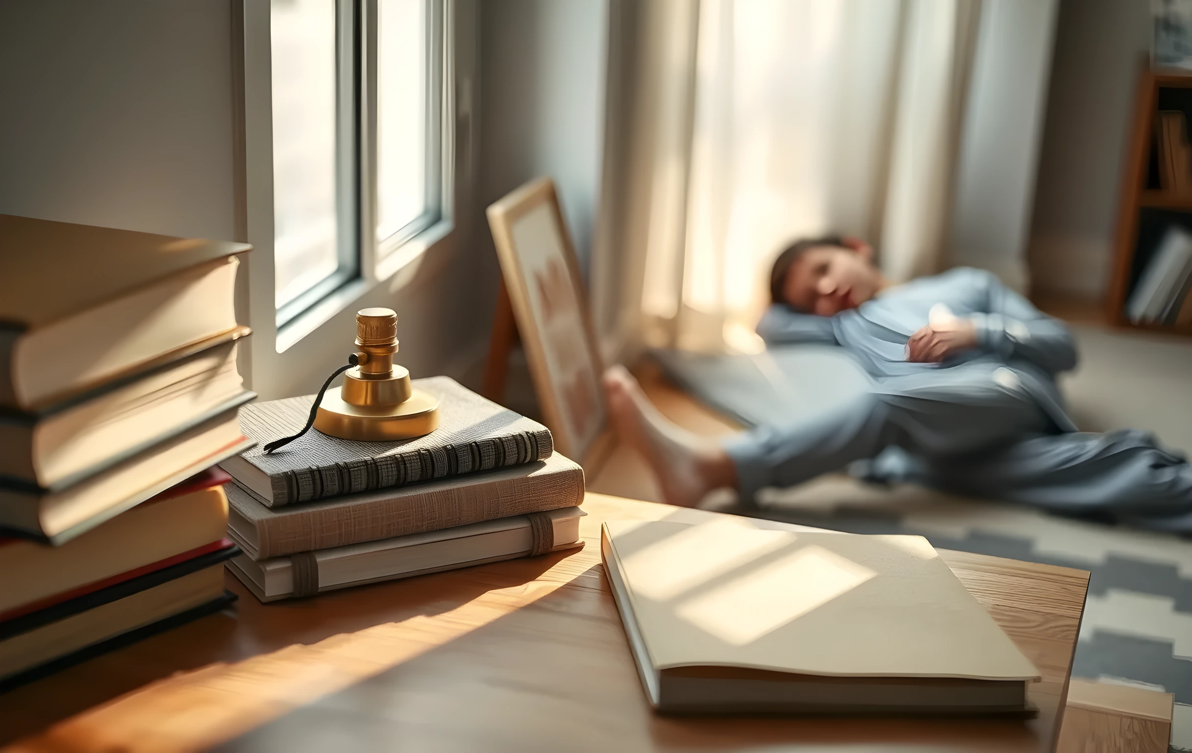 A close detail shot of a cozy home desk near a window, featuring stacked hardcover books, a woven notebook cover, and a small brass lamp casting warm shadows across a wooden surface, with a student resting peacefully on the floor in the background