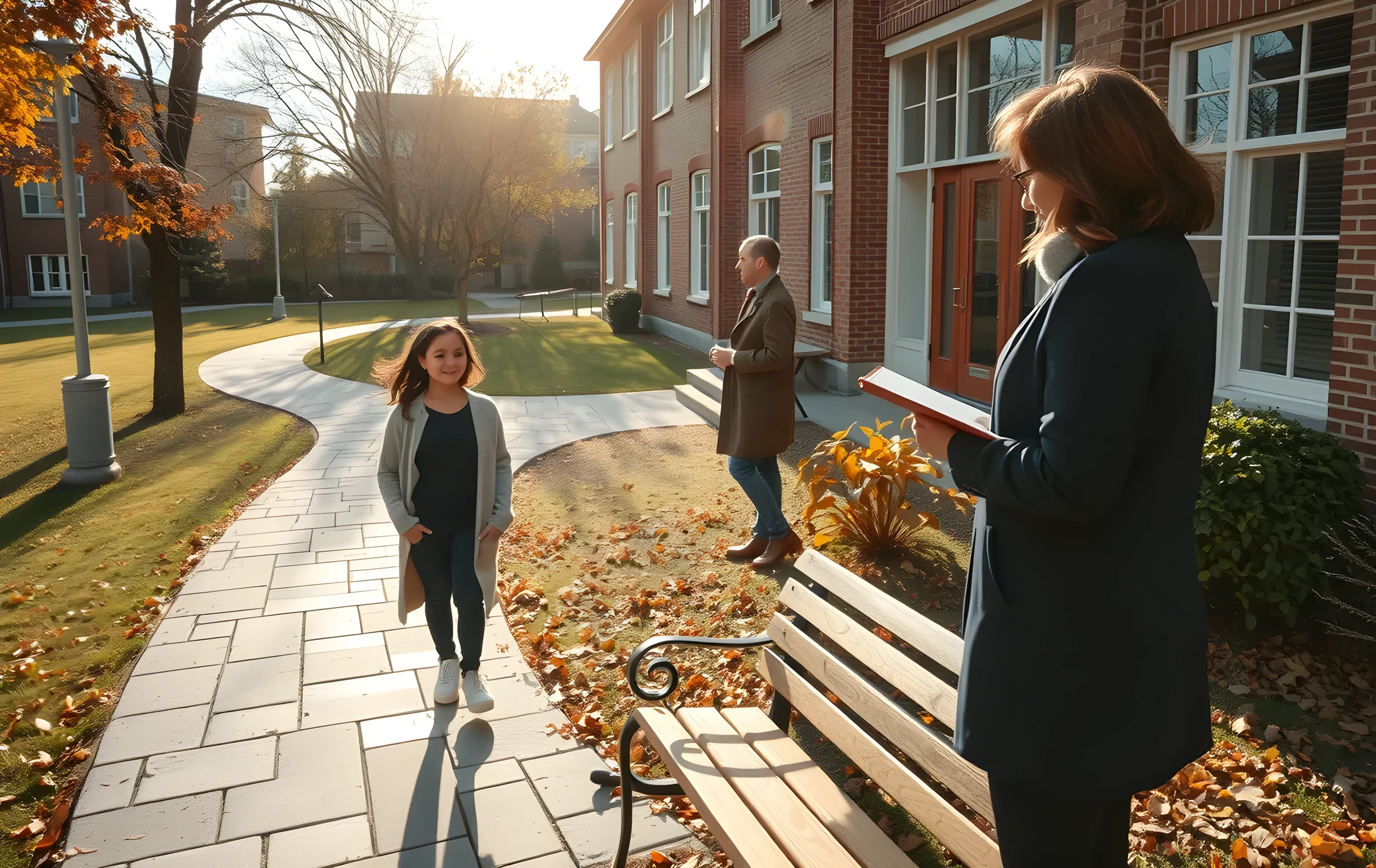 A sunlit school courtyard in autumn, where a student in a comfortable sweater walks along a winding stone path toward a brick academic building, with a teacher standing near a bench in the mid-ground holding a leather-bound journal