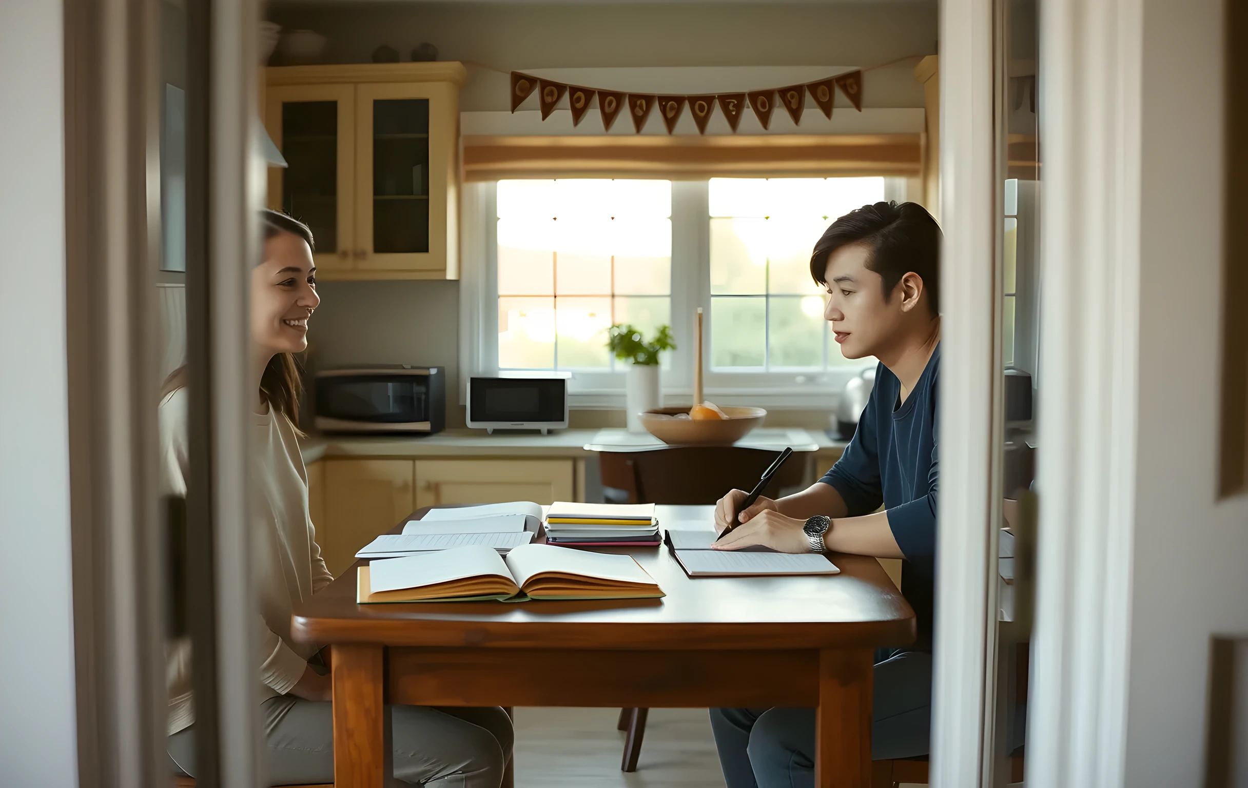 A cozy kitchen table in late afternoon light, featuring a student and parent sitting across from each other, both with open journals and a stack of cream-colored envelopes, viewed from a medium distance to capture their relaxed posture and shared focus