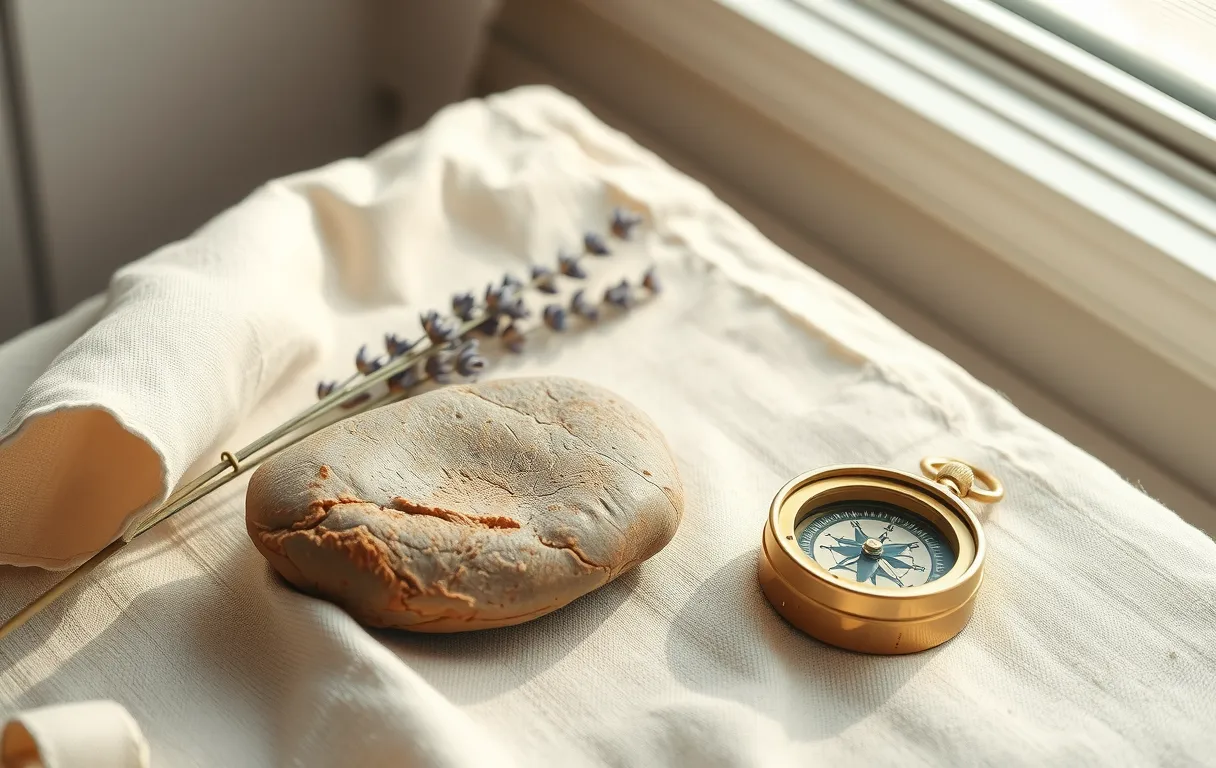 A warm editorial still-life featuring a smooth river stone resting beside a sprig of dried lavender and a brass compass on a linen surface, bathed in soft morning light