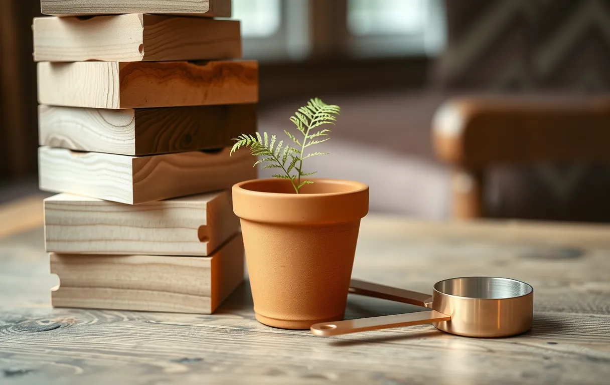 A close-up composition of stacked wooden blocks with visible grain patterns, a small terracotta pot with a single green fern frond, and a copper measuring spoon arranged on a weathered oak table