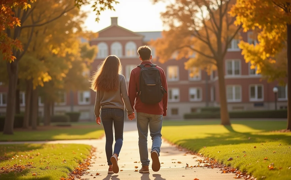 A student and parent walking across a college campus during a tour