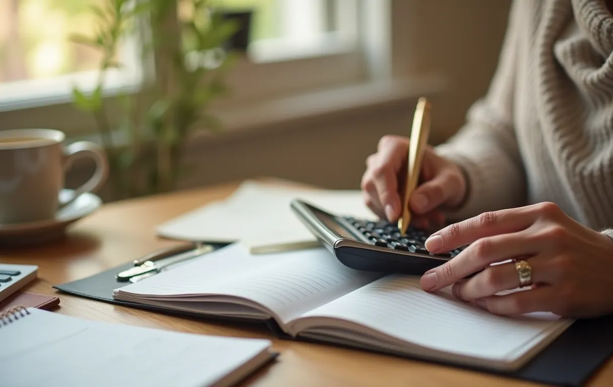 A parent at a desk with a calculator and notebook reviewing consulting costs