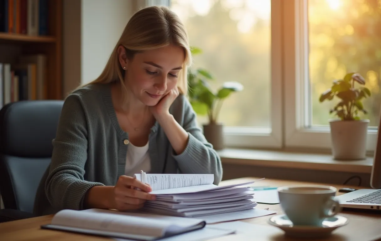 A parent reviewing education paperwork with a cup of coffee in morning light