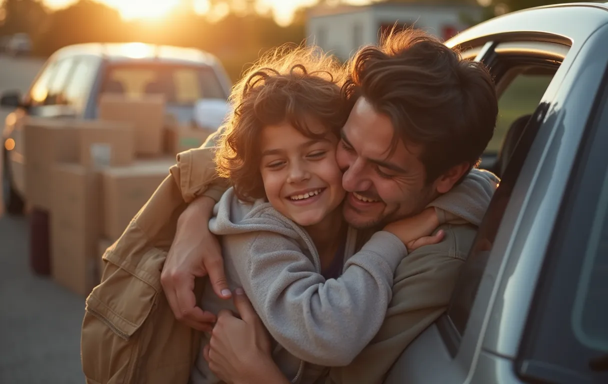 A parent and young adult sharing a goodbye hug on college move-in day