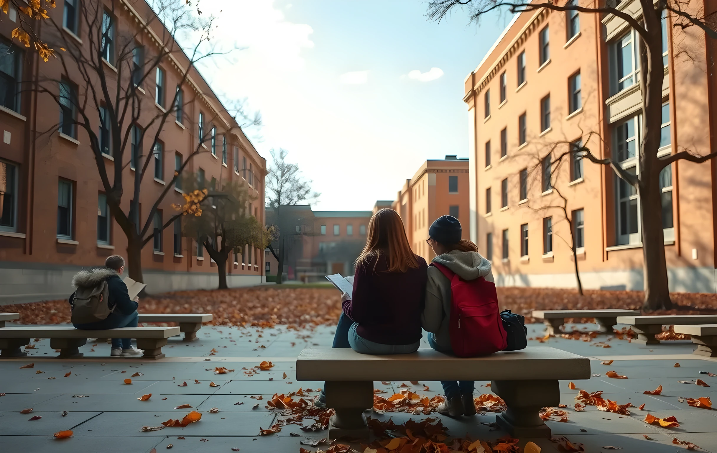 A sunlit campus courtyard in autumn, where a few students sit on stone benches reviewing printed books, surrounded by scattered fallen leaves and distant brick academic buildings under a soft blue sky