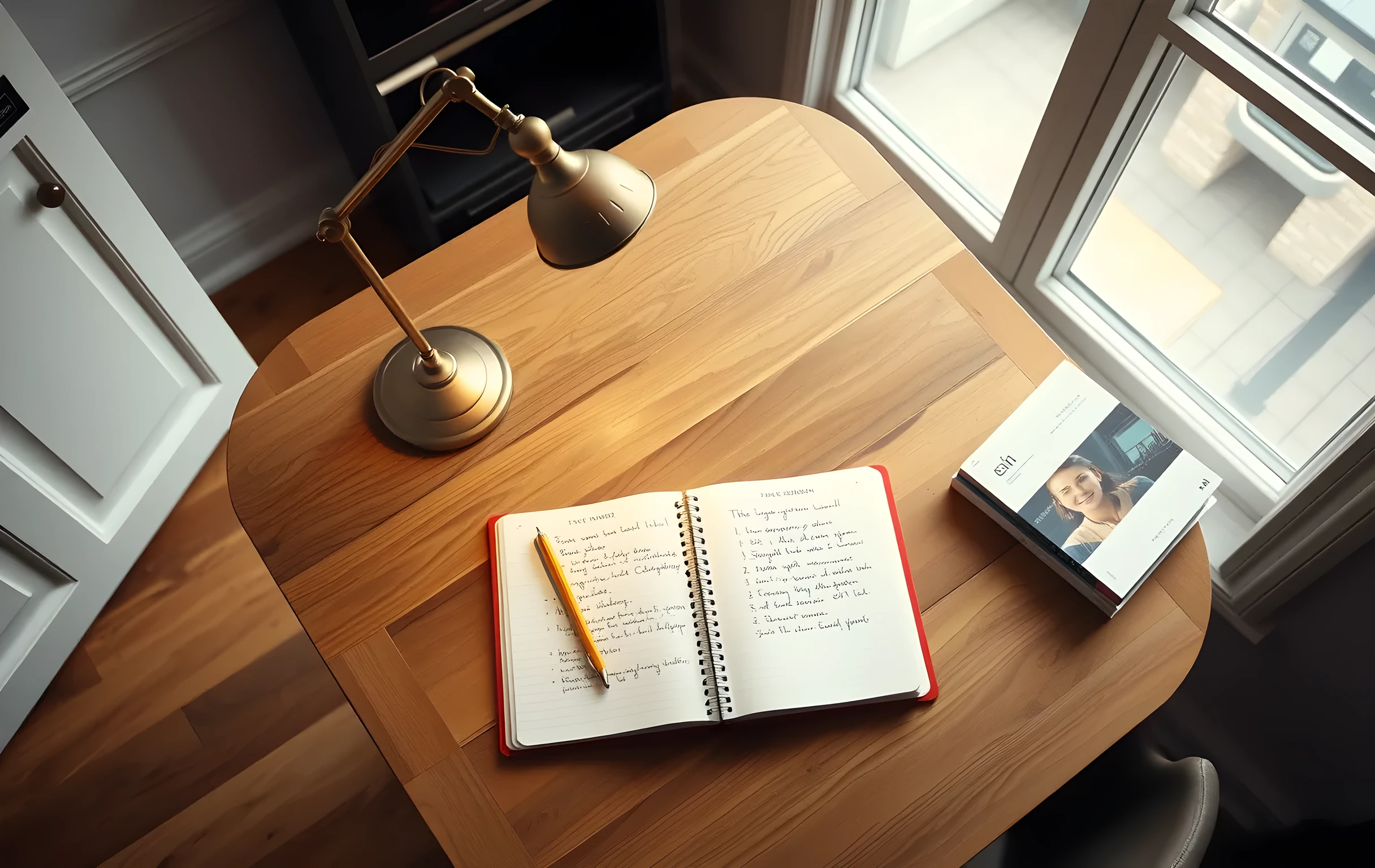 A cozy wooden kitchen table in a quiet home study, featuring an open spiral notebook with handwritten outlines, a brass desk lamp casting a warm glow, and a neatly stacked pile of college brochures nearby