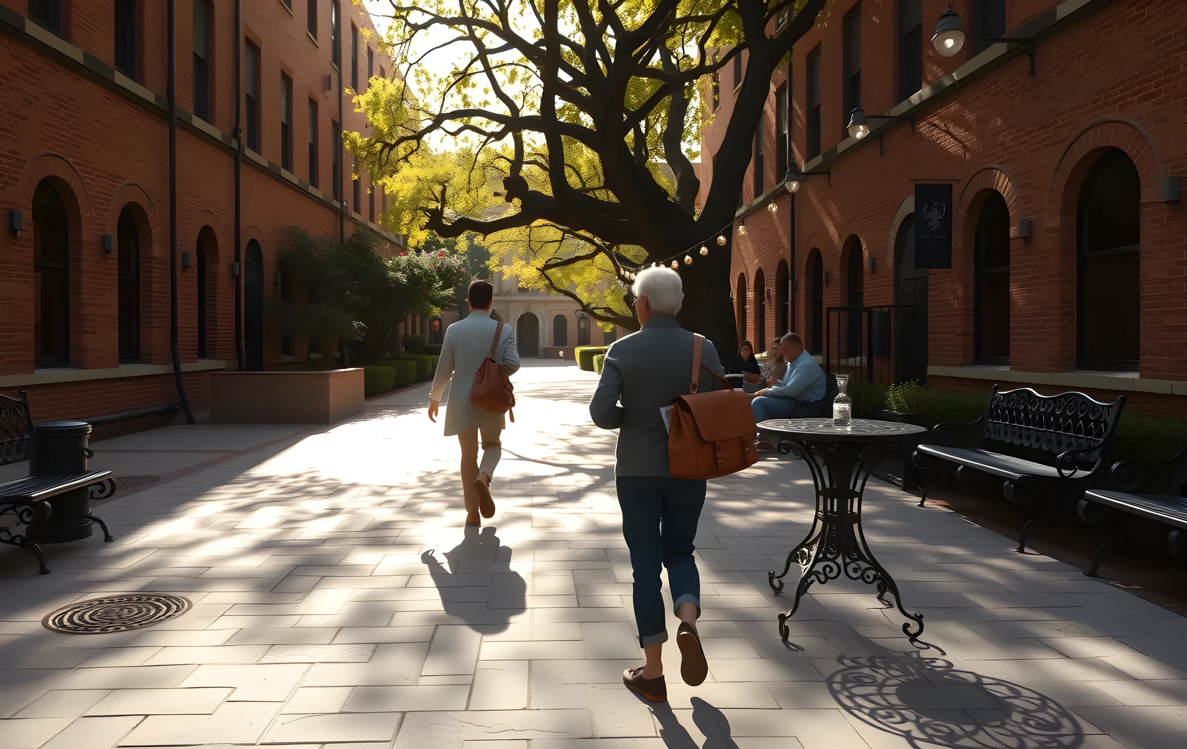 A sunlit university courtyard in late afternoon, with a wide stone pathway winding between brick buildings and mature oak trees. A student and a parent walk side by side in the middle distance, carrying leather satchels and a folded map, while other scholars sit at wrought-iron tables under string lights