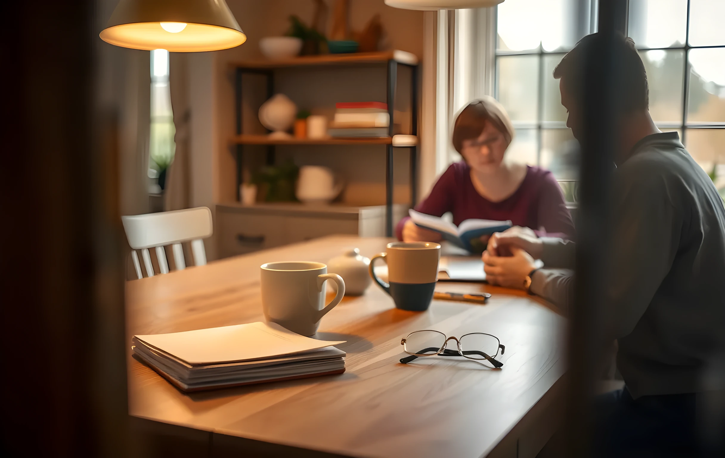 A cozy kitchen table in the early evening, lit by a warm brass lamp. A journal and a stack of cream-colored envelopes rest beside a ceramic mug and a pair of reading glasses, while a parent and student sit at the far end of the table discussing notes in comfortable conversation