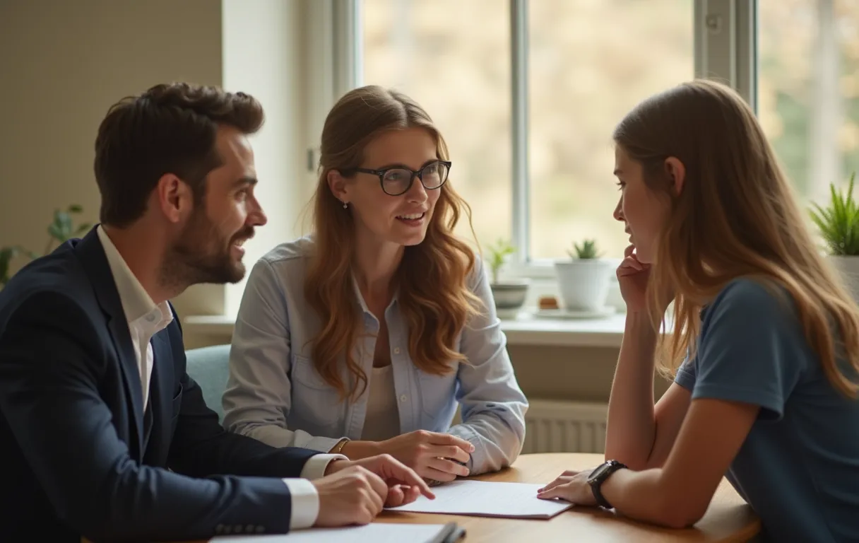A school counselor explaining an education plan to a parent and student