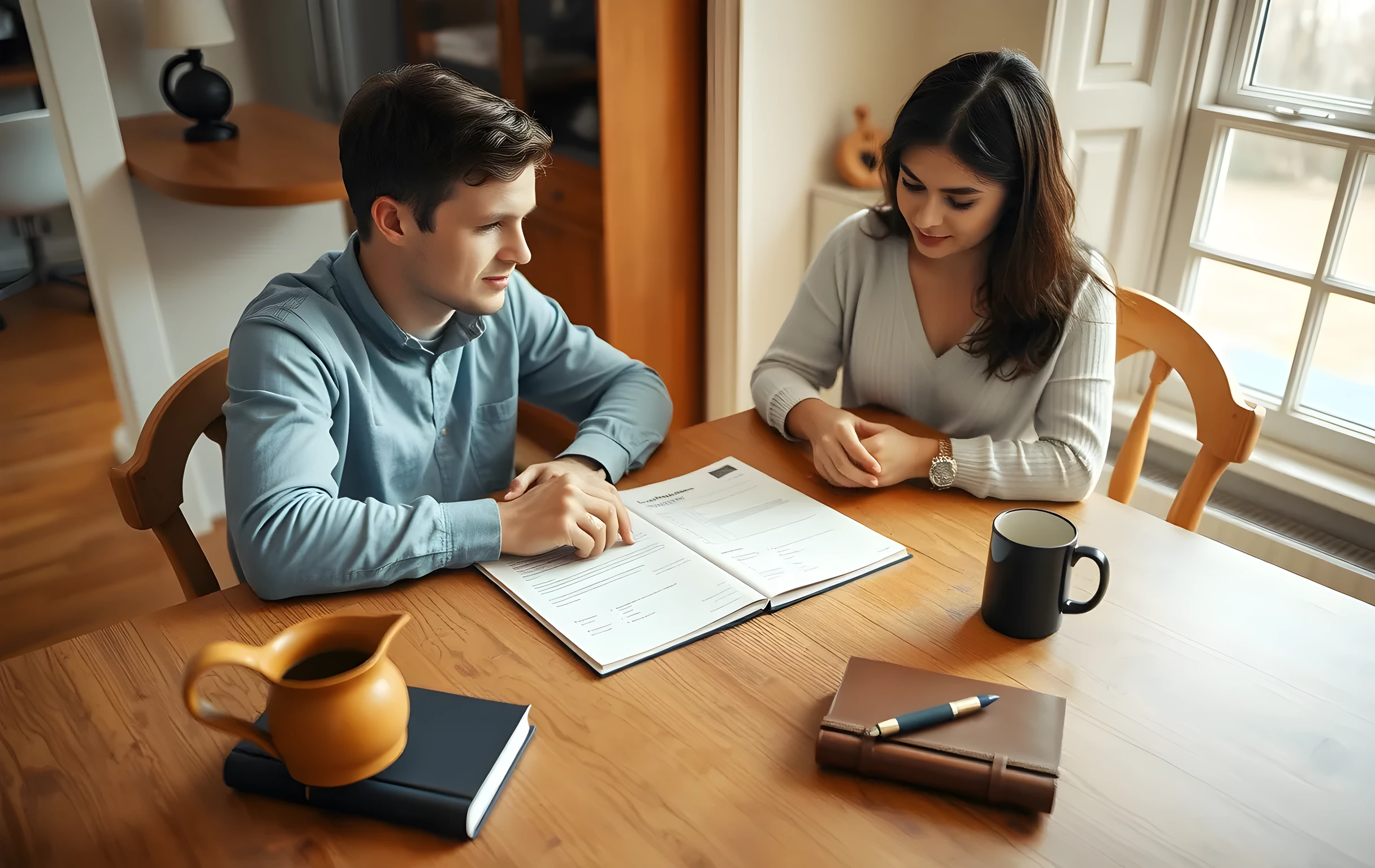 A sunlit kitchen table where a college student sits slightly apart from a parent, both looking over a printed college application packet spread across a wooden surface, with a leather-bound journal and a ceramic mug nearby, captured from a medium distance in a cozy dining area