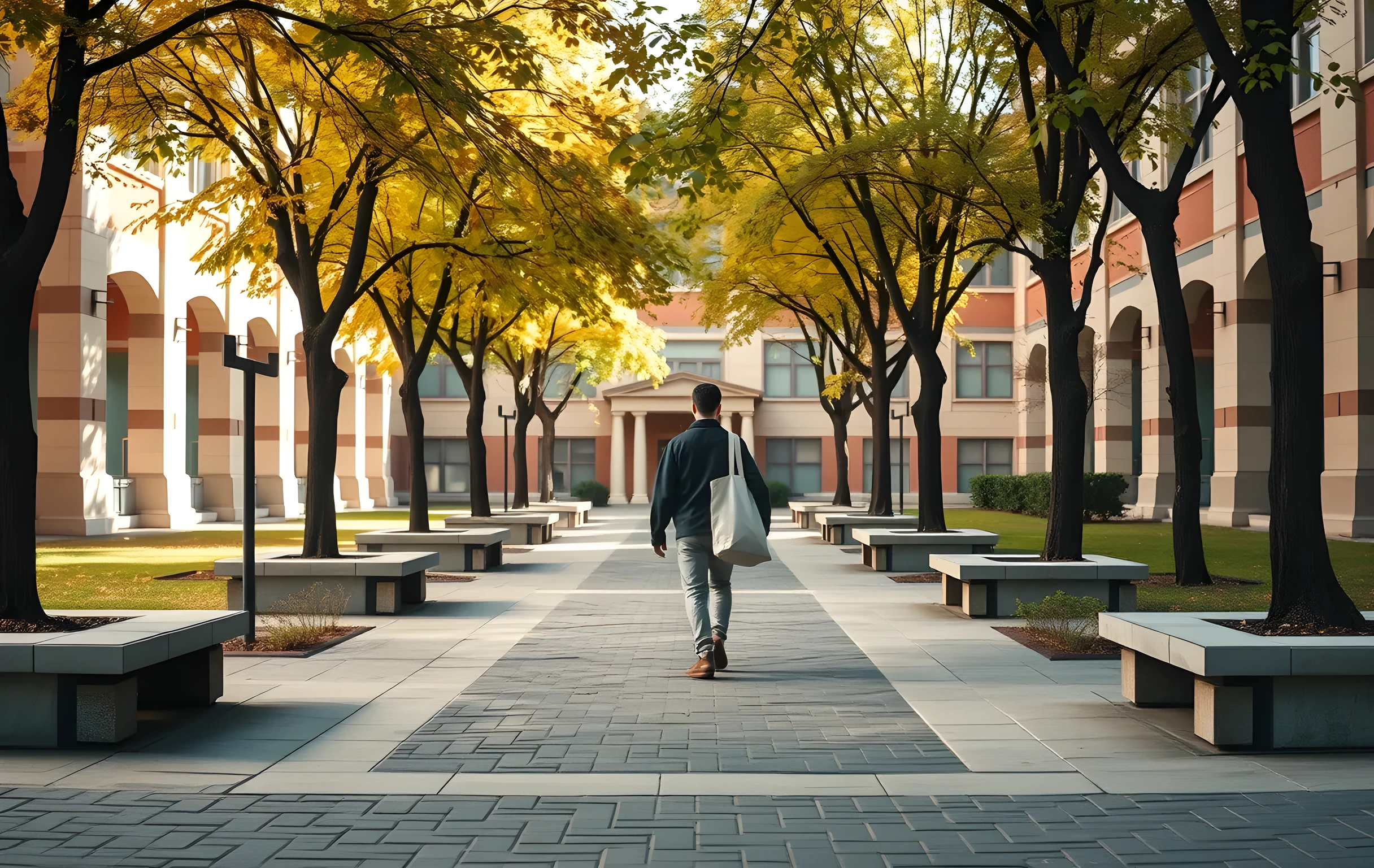 A quiet university courtyard in autumn, where a student walks along a paved path bordered by stone benches and mature trees, carrying a canvas tote bag over one shoulder, viewed from a wider environmental scale that emphasizes the open campus architecture and dappled sunlight