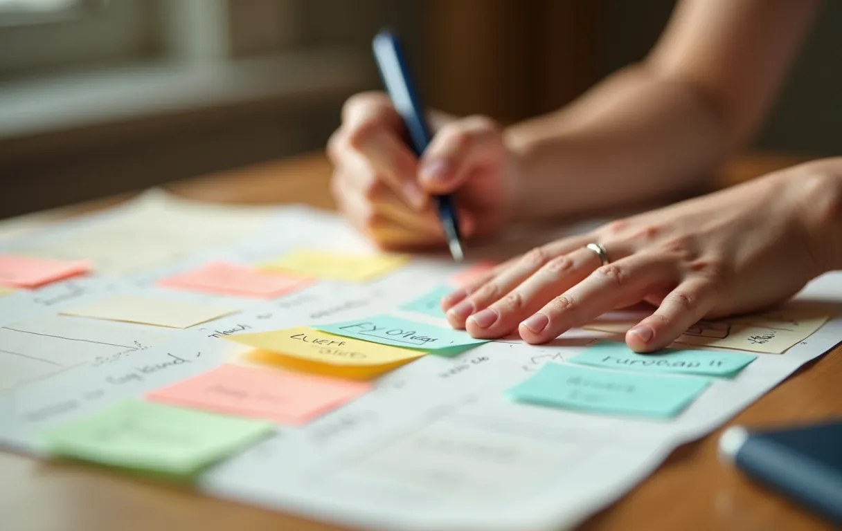 A student brainstorming essay ideas with sticky notes on a desk