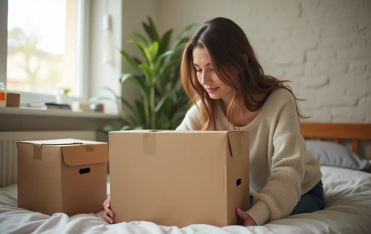 A student packing labeled boxes and dorm supplies in a bedroom
