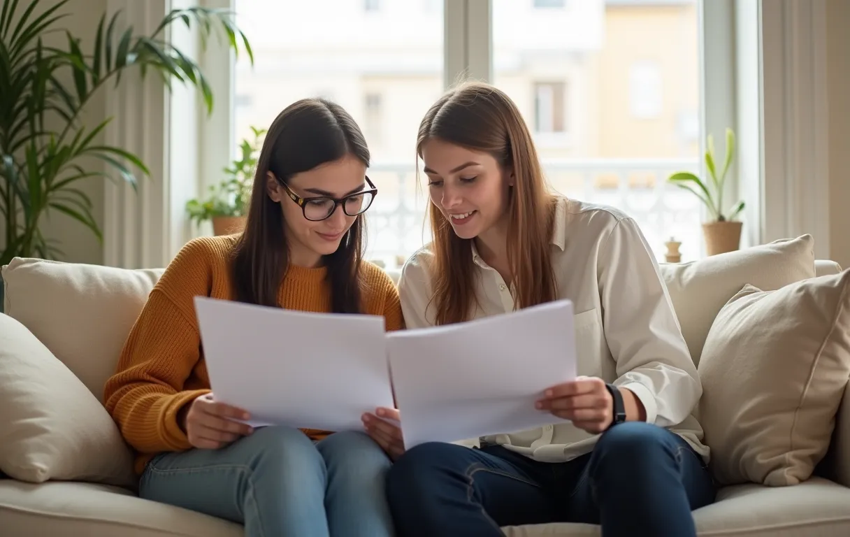 A student and parent reviewing a college plan together in a living room