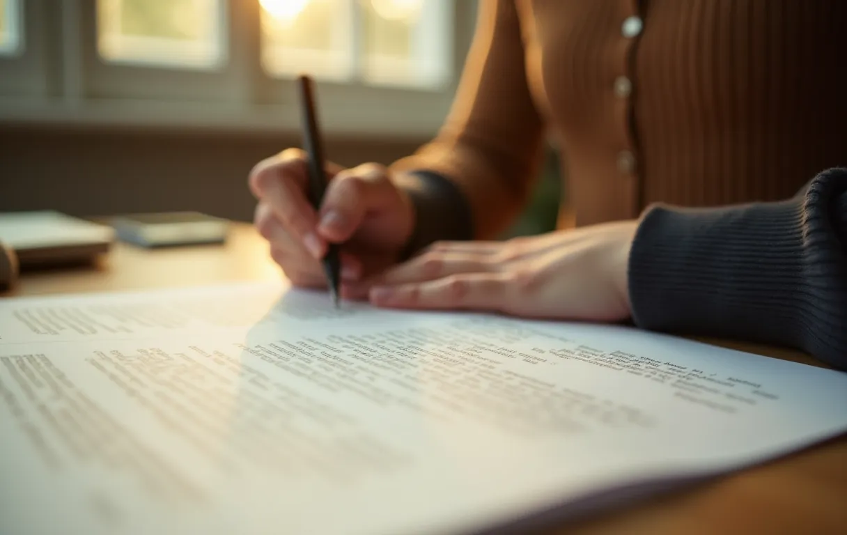 A student revising a printed college essay draft with a pen