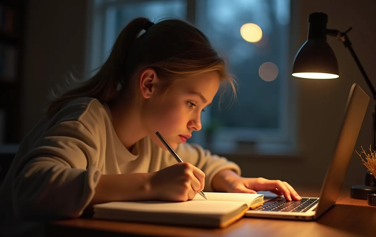 A student writing a college essay by hand in a notebook beside a laptop