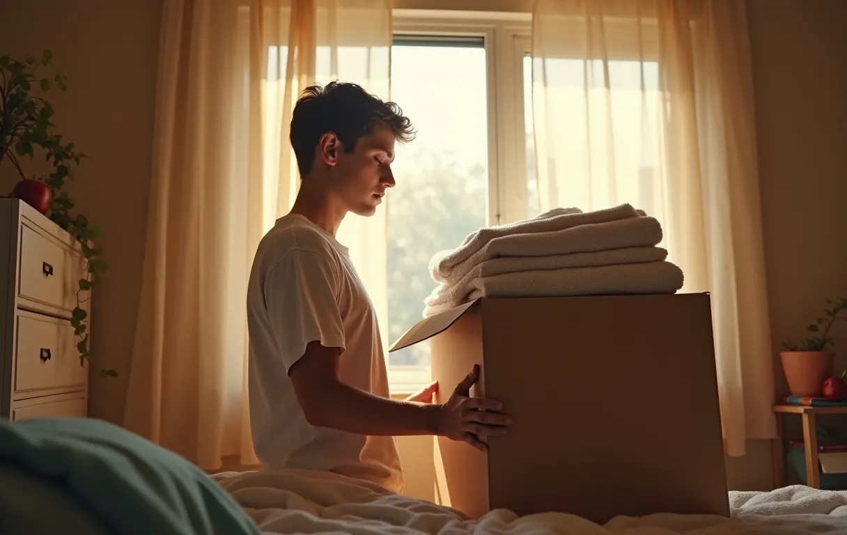 A teenager packing boxes for college in a sunlit bedroom