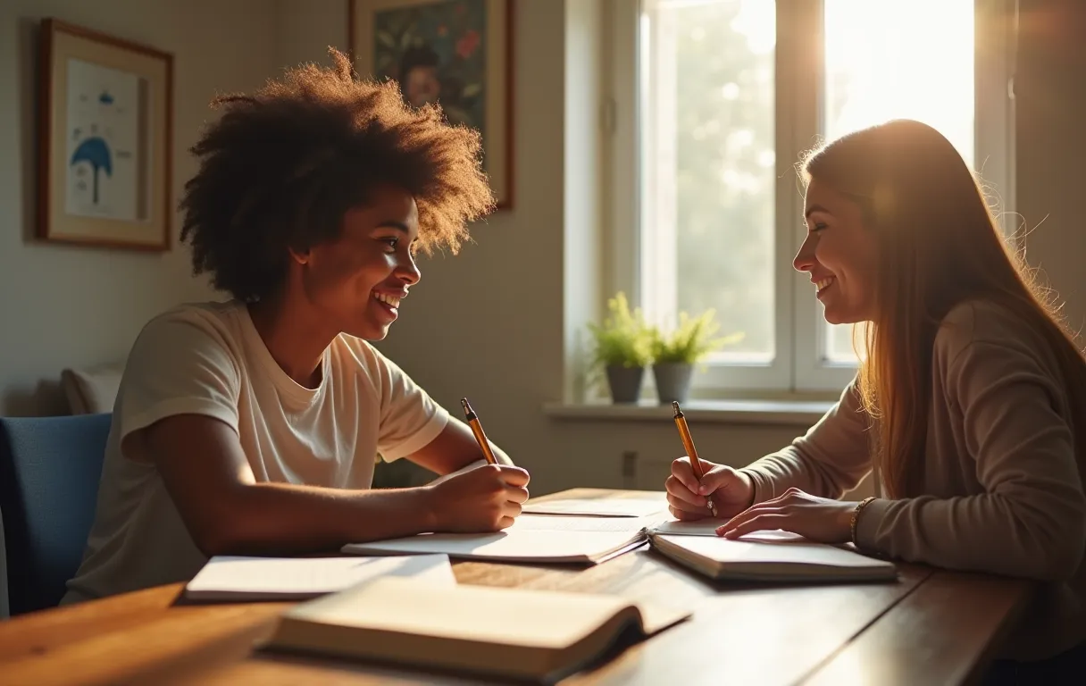 A neurodivergent college student sits at a sunlit wooden desk, surrounded by scattered notebooks and a laptop, smiling softly while reviewing a printed essay draft with a supportive mentor across the table