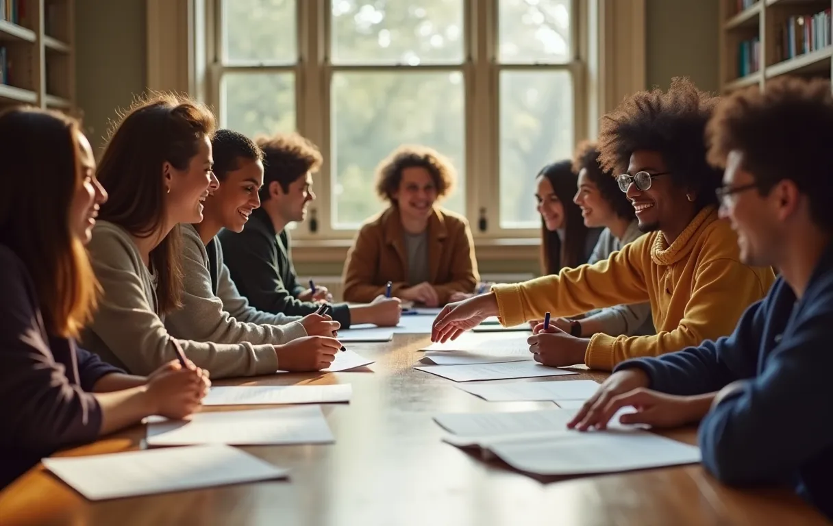 A diverse group of college applicants gathers around a large table in a bright campus library, casually sharing paper drafts and laughing while a counselor points to a specific paragraph on one of the pages