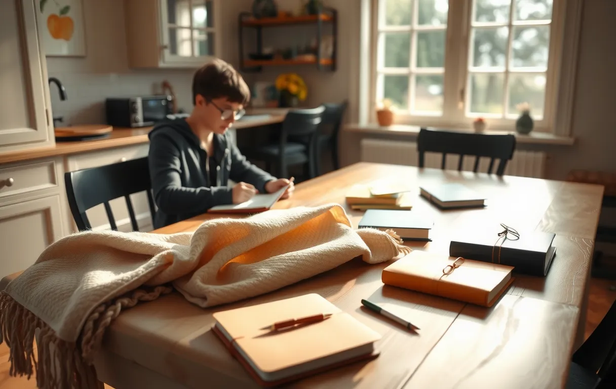 A sunlit kitchen table draped with a soft wool blanket, scattered with leather-bound journals and cream-colored envelopes, while a young adult and a parent sit at a distance discussing college planning and organizing a weekly schedule together