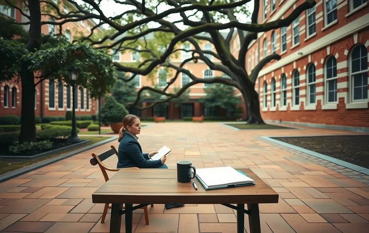 A quiet university courtyard paved with warm stone, featuring a cozy wooden desk tucked under a sprawling oak tree, where a student sits at a medium distance reviewing a personal planner in a leather journal beside a steaming mug