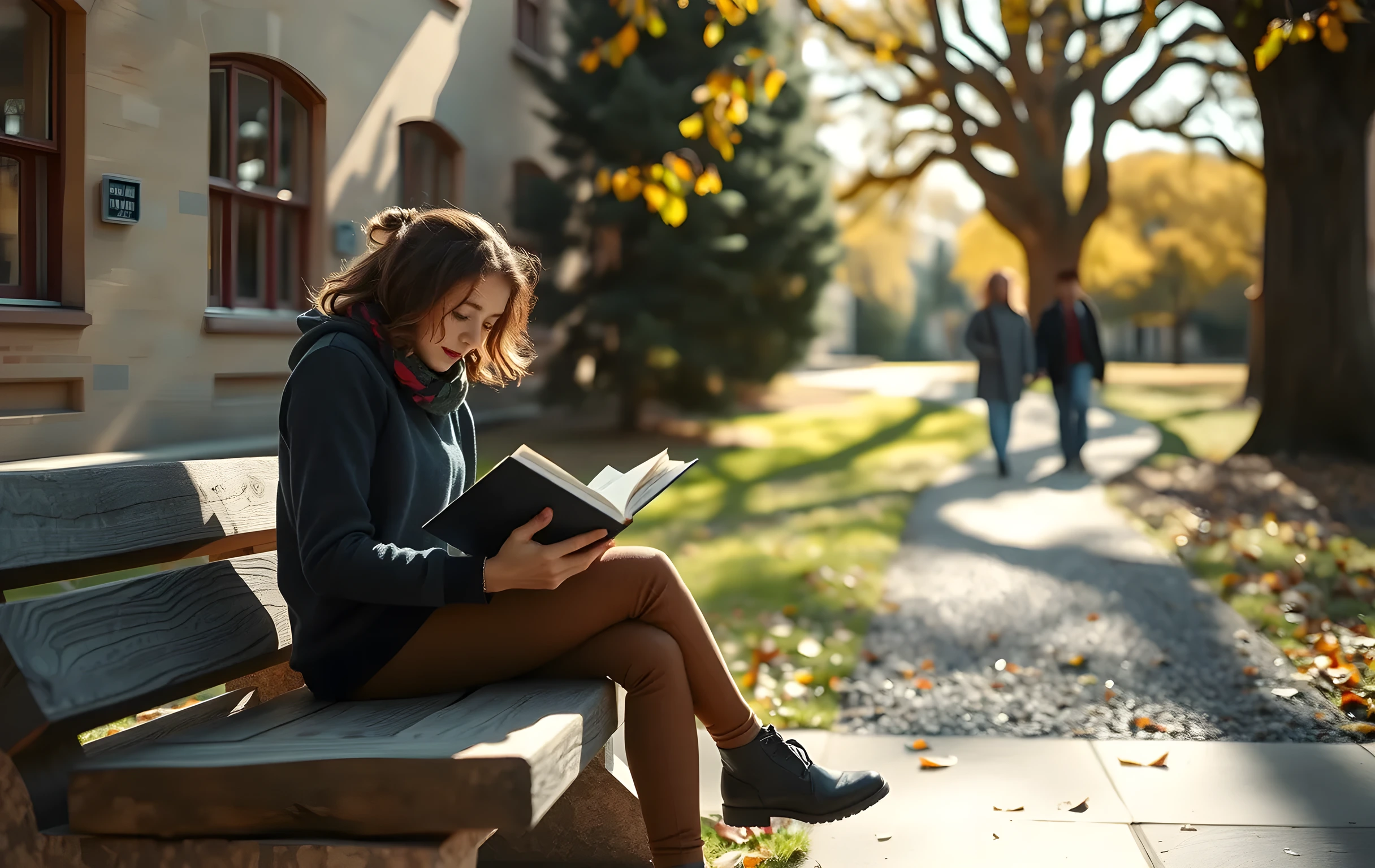 A sunlit campus courtyard in late autumn, where a student sits on a stone bench reading a hardcover book while two parents stroll along a winding gravel path in the background, surrounded by tall oak trees and scattered leaves