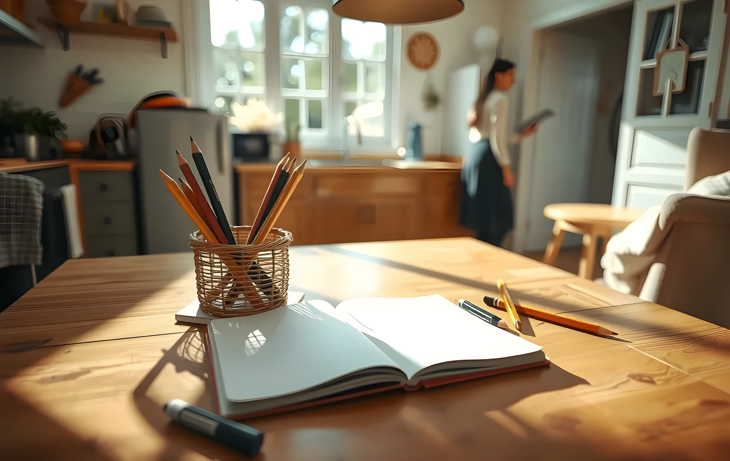 A cozy kitchen table bathed in morning light, featuring a woven basket of pencils and an open sketchbook resting naturally on the wood, with a student and parent visible at medium distance arranging study materials on the far edge of the frame