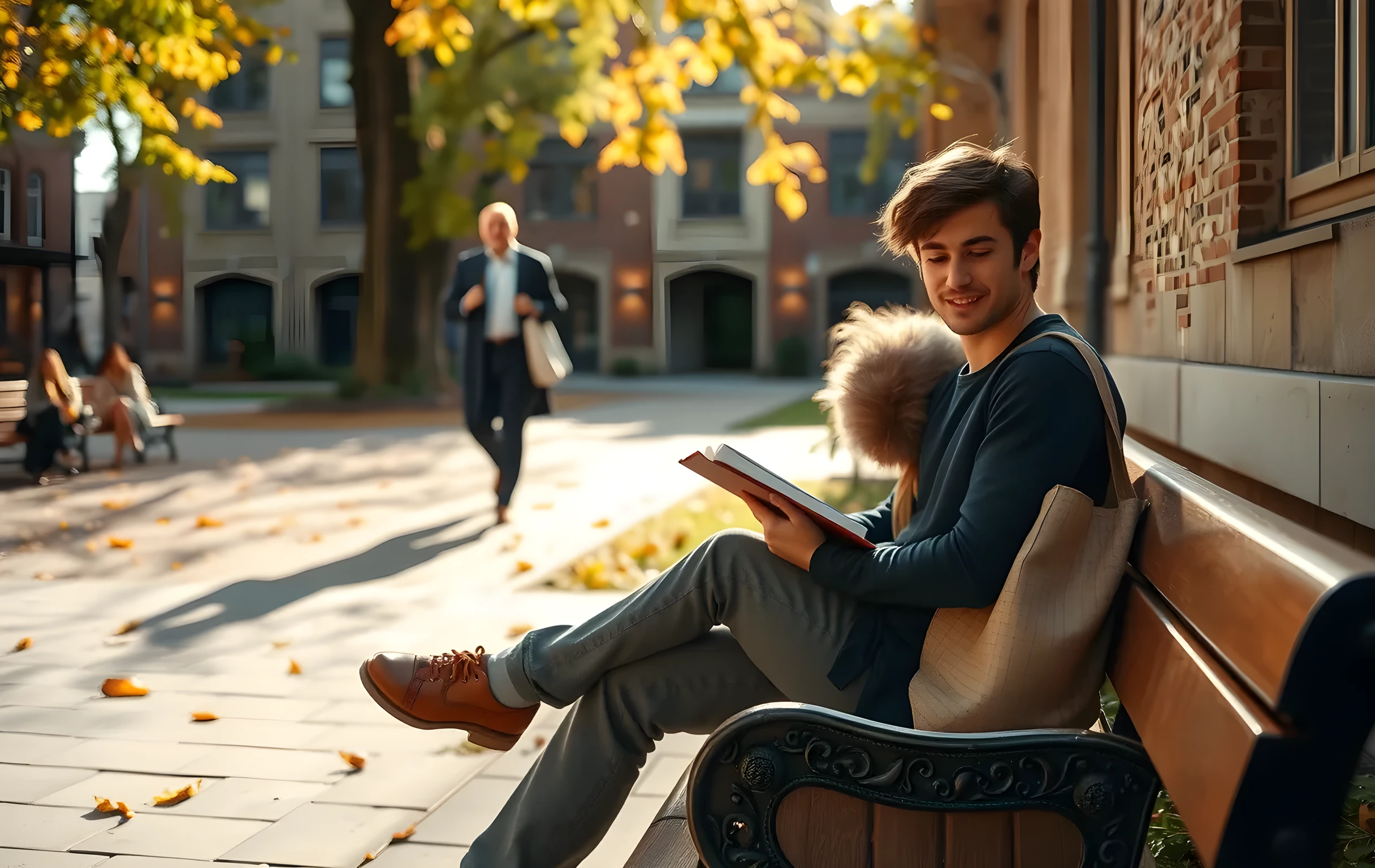A sunlit campus courtyard in late afternoon where a student sits on a stone bench reading a leather journal, with a professor walking past in the background carrying a canvas tote; autumn leaves scatter across paved paths, warm natural light, medium-wide framing, no text or screens