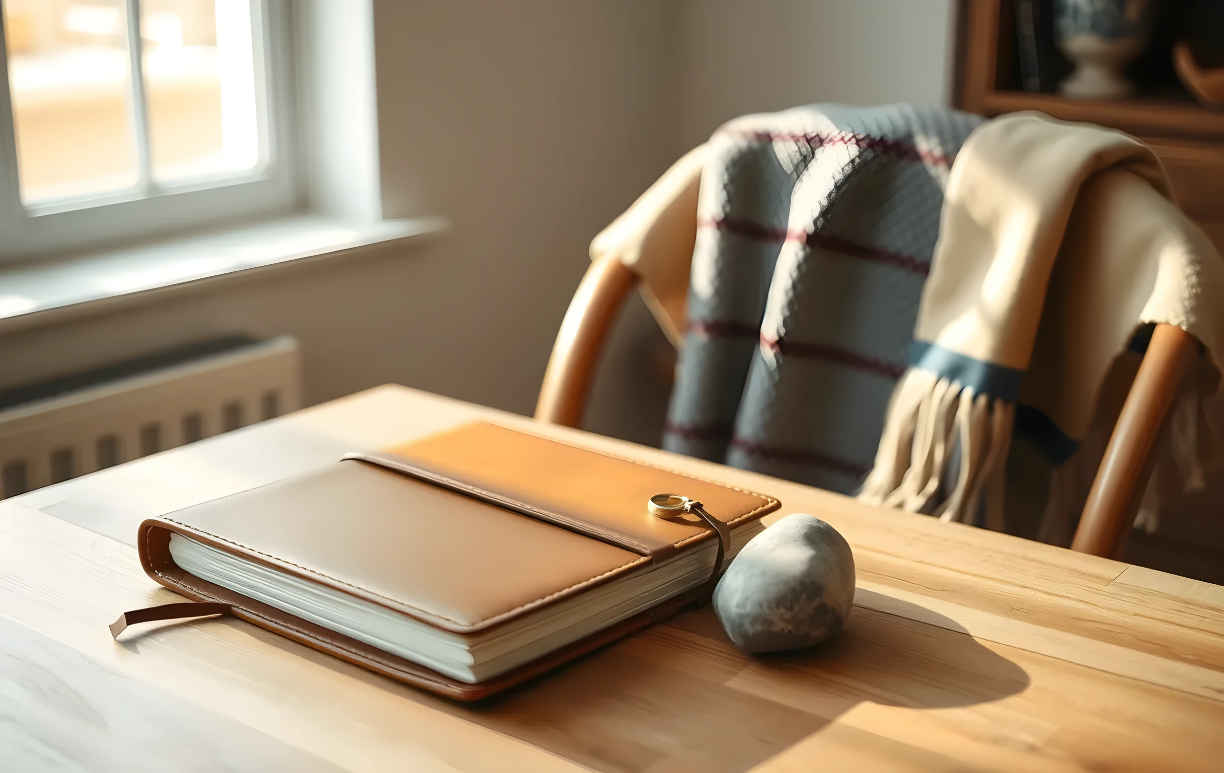 A sun-drenched kitchen table where a leather-bound planner lies closed beside a smooth river stone and a woven wool blanket draped over a wooden chair; soft morning light, closer detail scale, no faces, hands, screens, or text