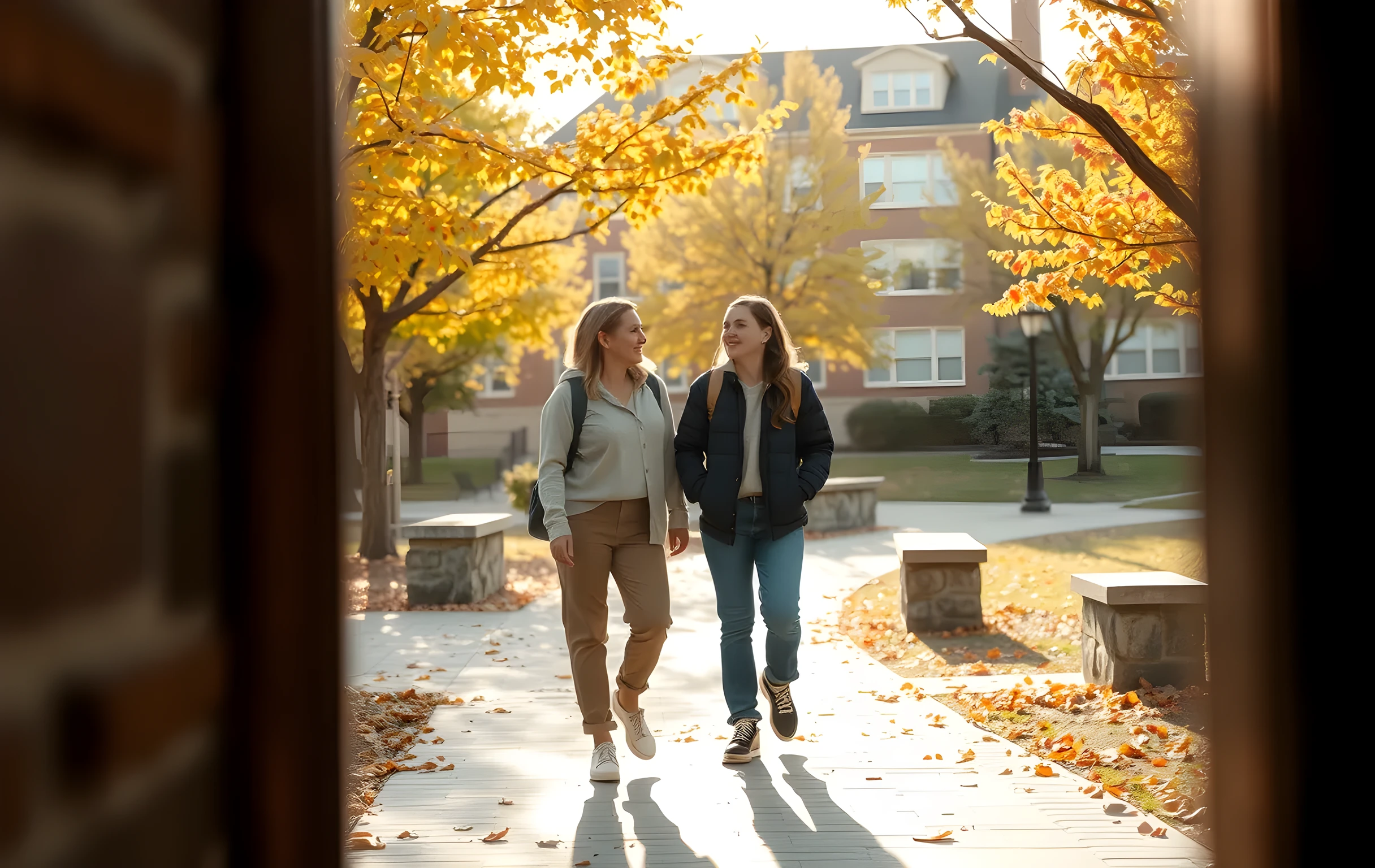 A sunlit brick courtyard on a quiet university campus, where a parent and their high school student walk side by side along a winding path lined with autumn leaves and stone benches, captured from a medium distance to emphasize the open space and natural light