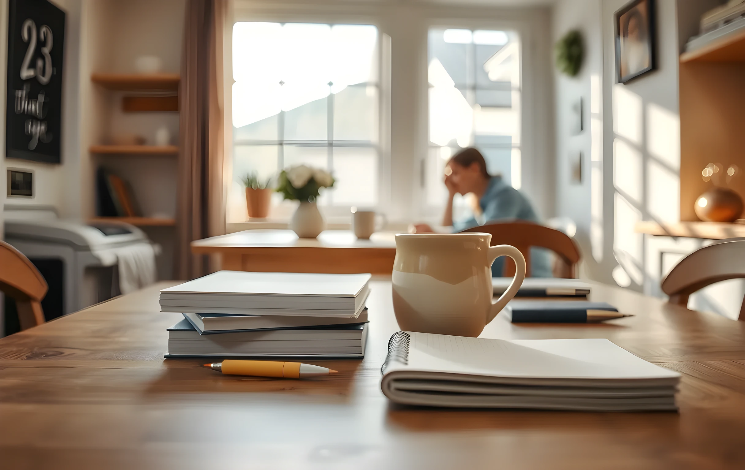 A cozy kitchen table bathed in morning light, featuring a stack of blank journals, a ceramic mug, and a simple cloth notebook, with a parent and student seated at the table in the background, captured from a closer detail scale that emphasizes the warm textures and quiet atmosphere