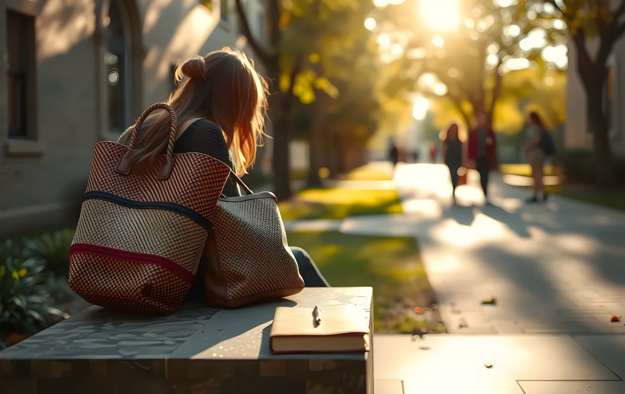 A sunlit college courtyard at golden hour, where a student sits on a stone bench beside a woven tote bag and a leather-bound journal, with blurred figures of students walking along tree-lined pathways in the background