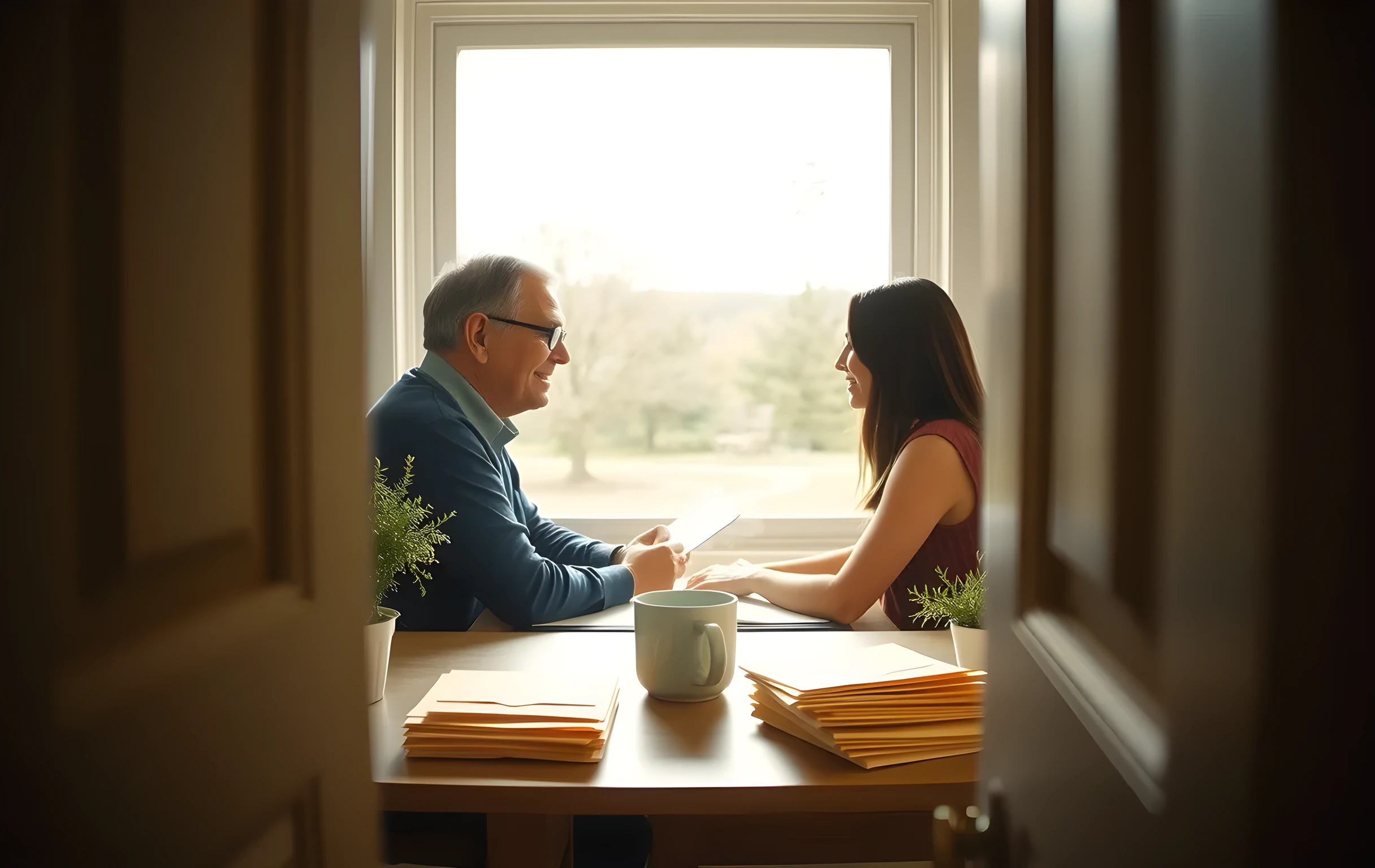 A cozy desk by a sunlit window in the late afternoon, where a parent and student pause during a quiet campus conversation, a steaming mug and a stack of cream-colored envelopes resting nearby, framed by soft light and potted herbs