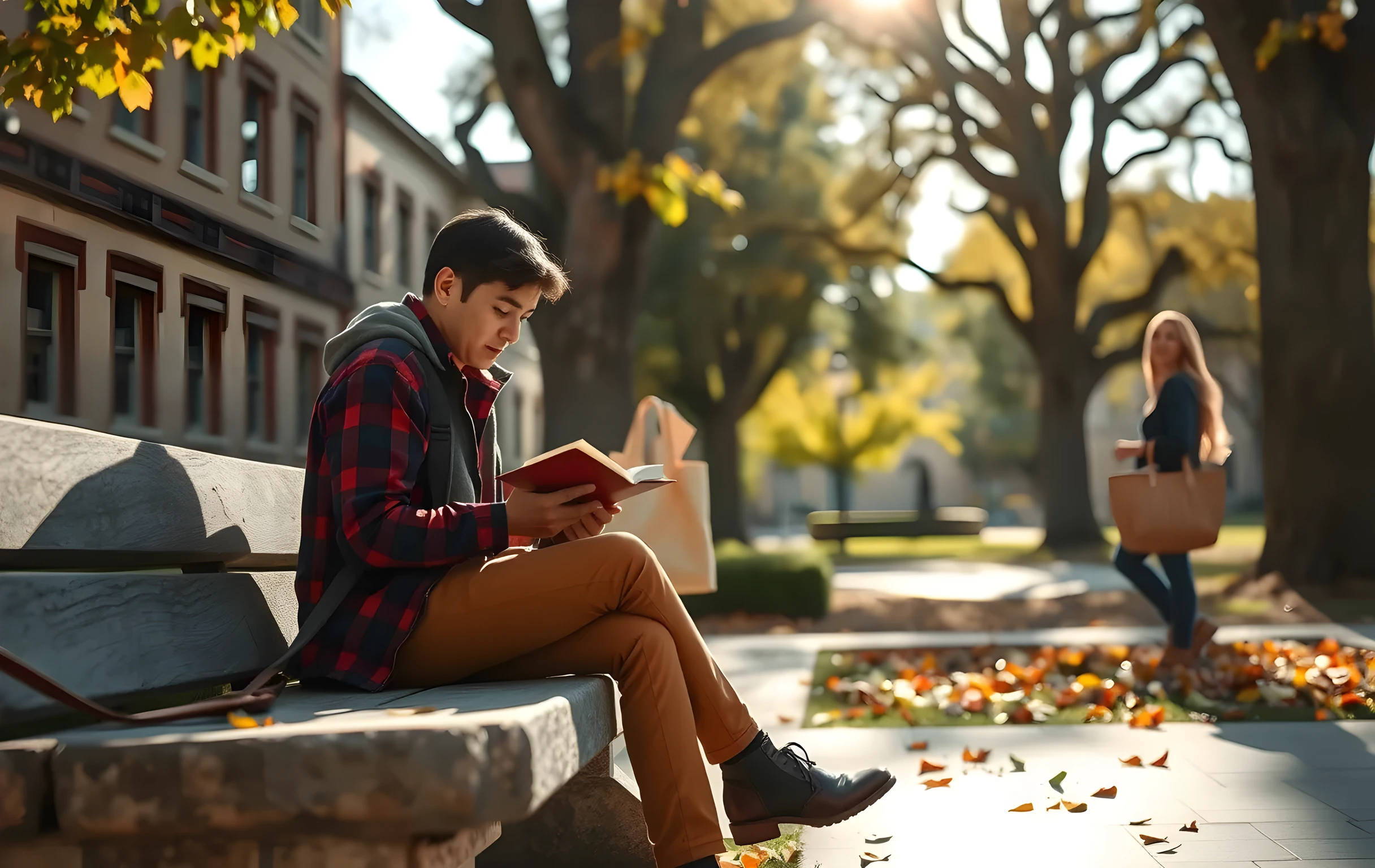 A sunlit campus courtyard in late autumn, where a student sits on a stone bench reading a leather journal, with a parent standing nearby holding a woven tote bag, both framed by tall oak trees and scattered leaves