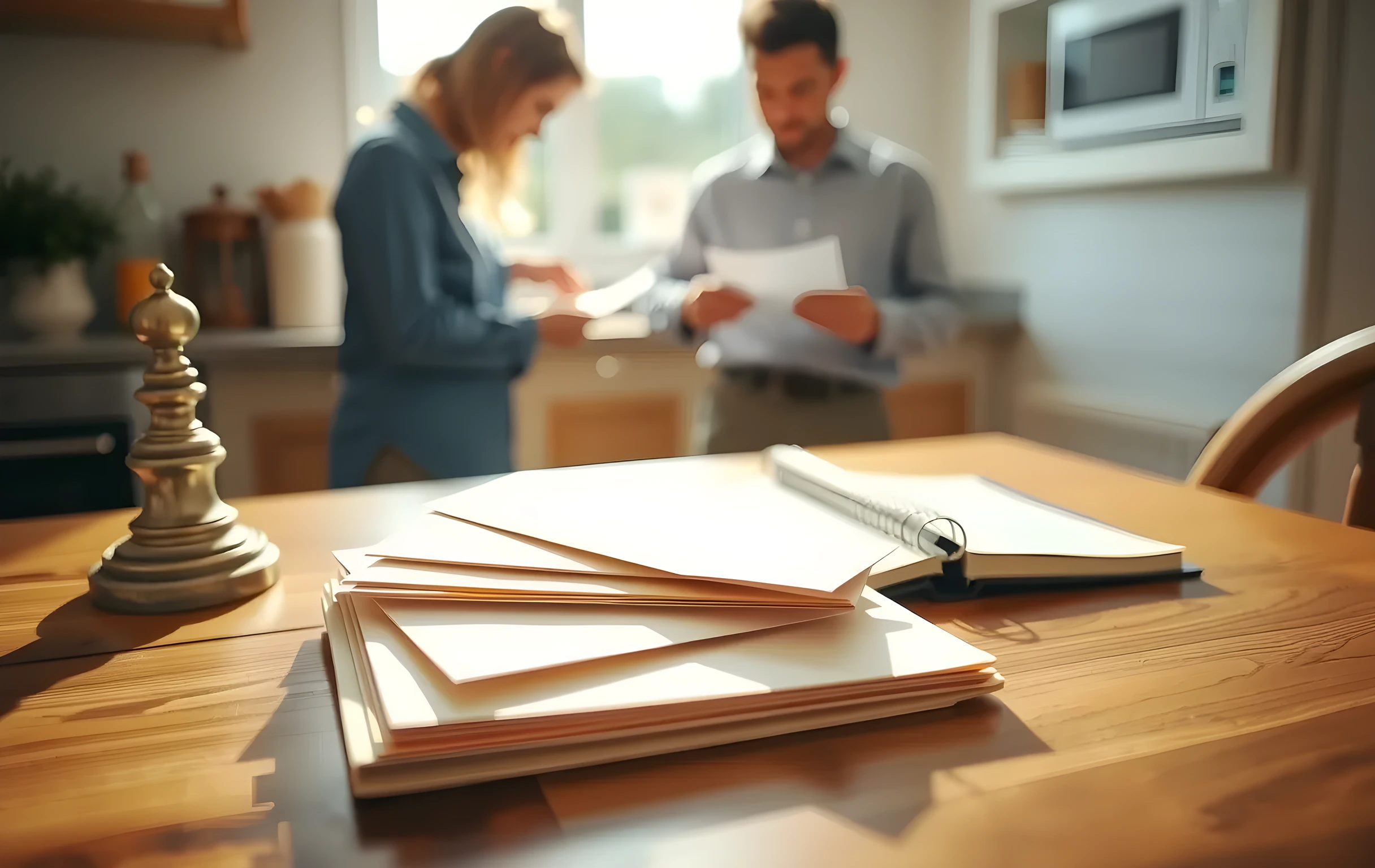 A cozy kitchen table bathed in morning light, featuring a stack of cream-colored envelopes, a brass paperweight, and a half-open planner, with a blurred figure in the background carefully sealing a mailing envelope