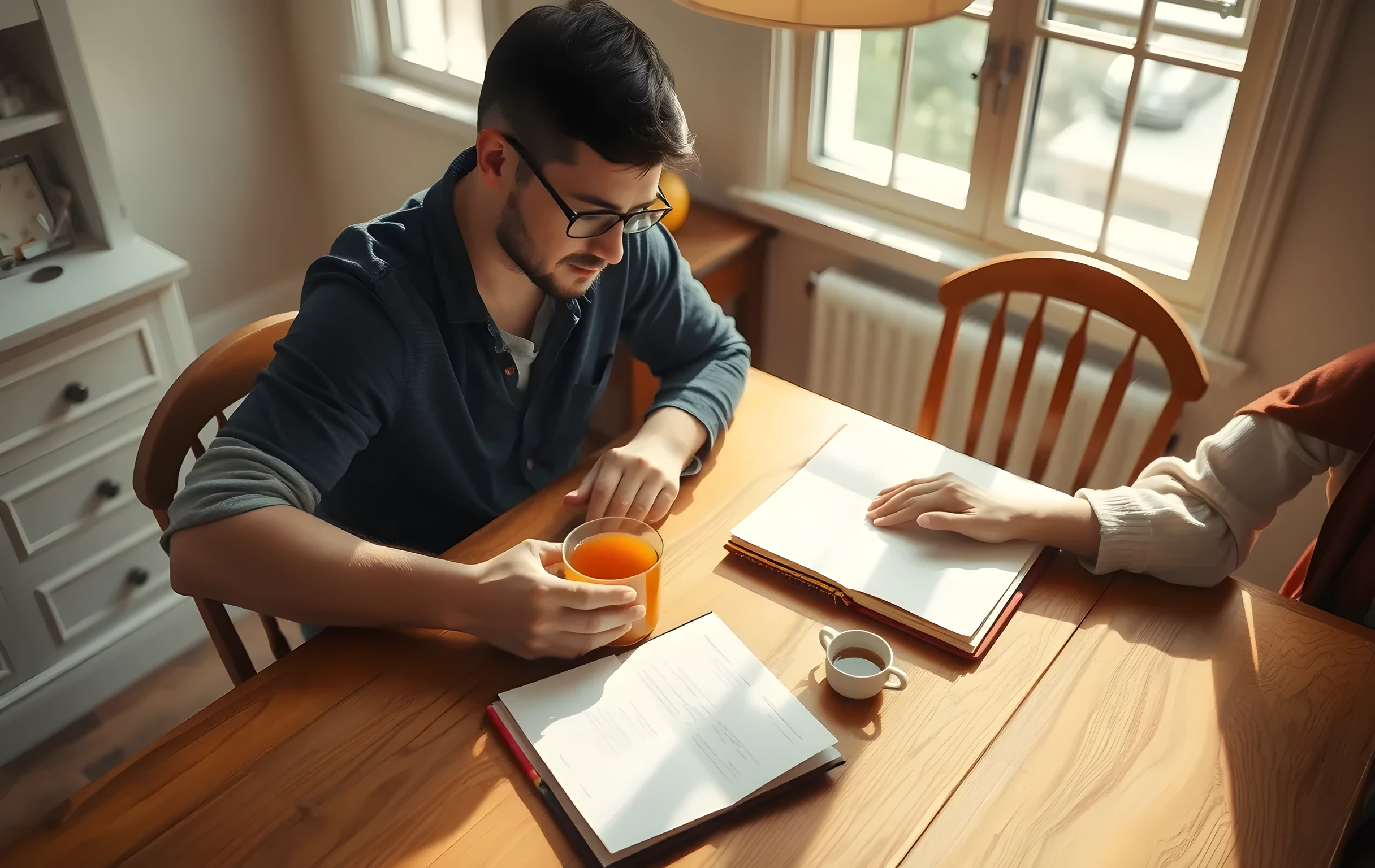 A sunlit kitchen table where a high school student and their parent sit together, reviewing handwritten draft pages with a warm mug of tea nearby. The scene captures quiet collaboration and familial support during the essay planning process