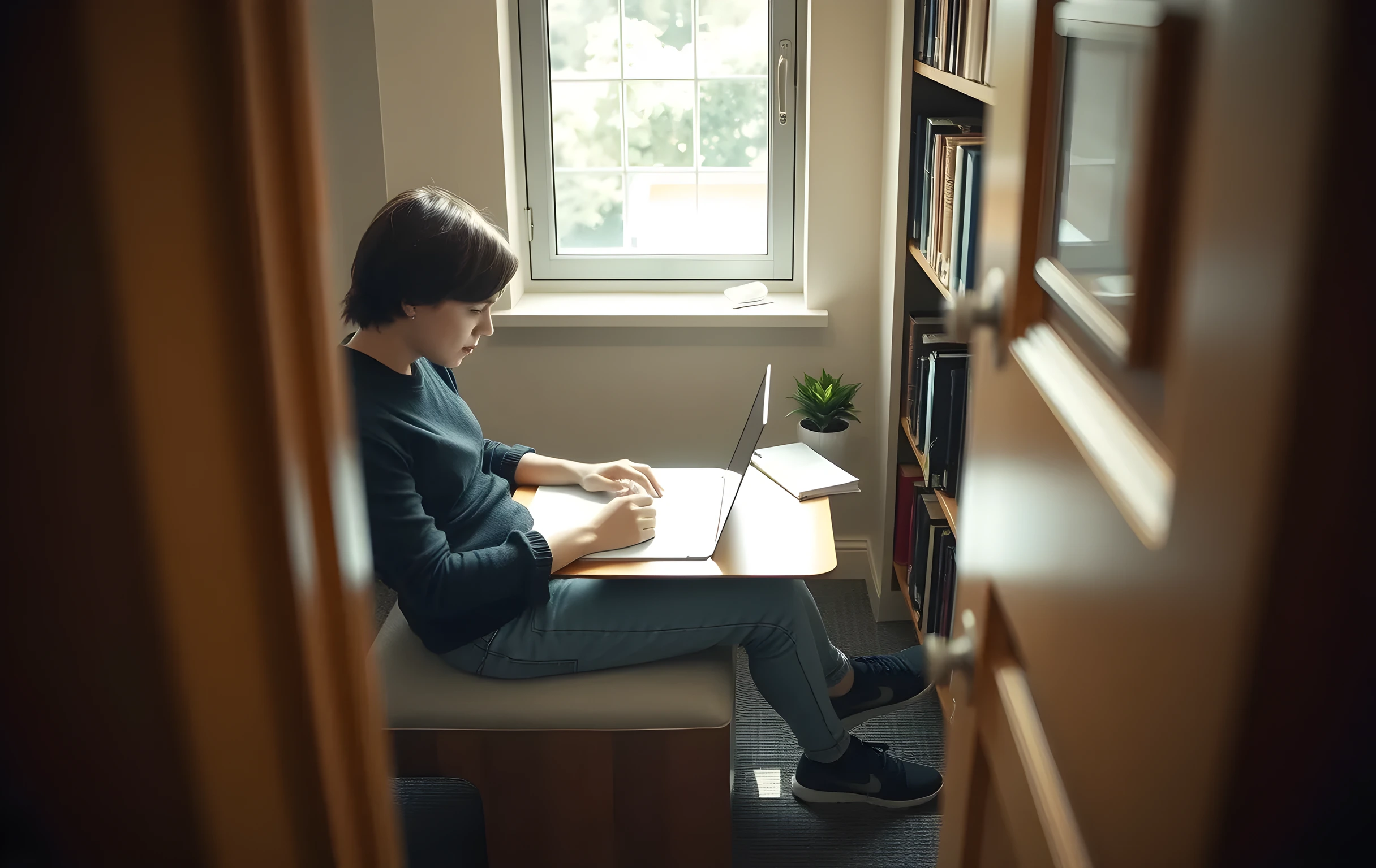 A cozy library study carrel where a single student works on a laptop with a printed outline spread beside a notebook and a small potted plant. Natural light streams through a nearby window, emphasizing focused individual work and personal reflection
