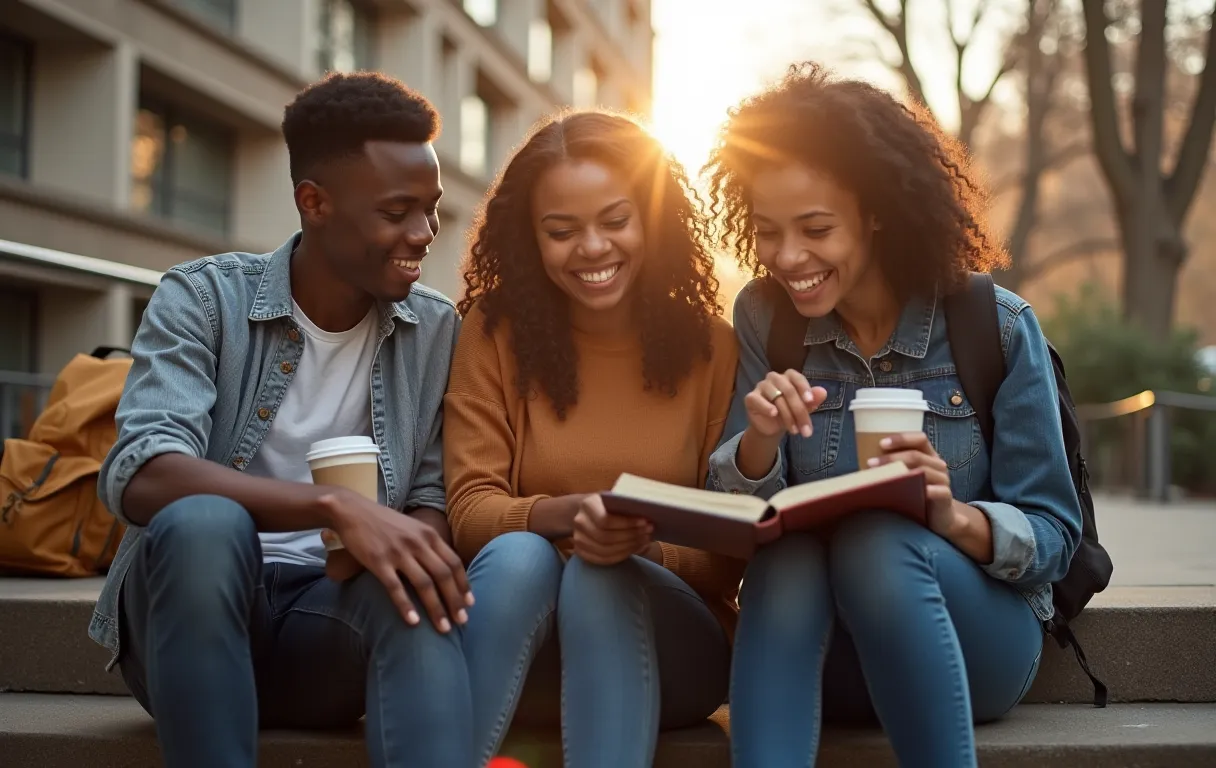 A diverse group of college students sitting on a sunlit library step, laughing and pointing at an open notebook, with backpacks and coffee cups nearby