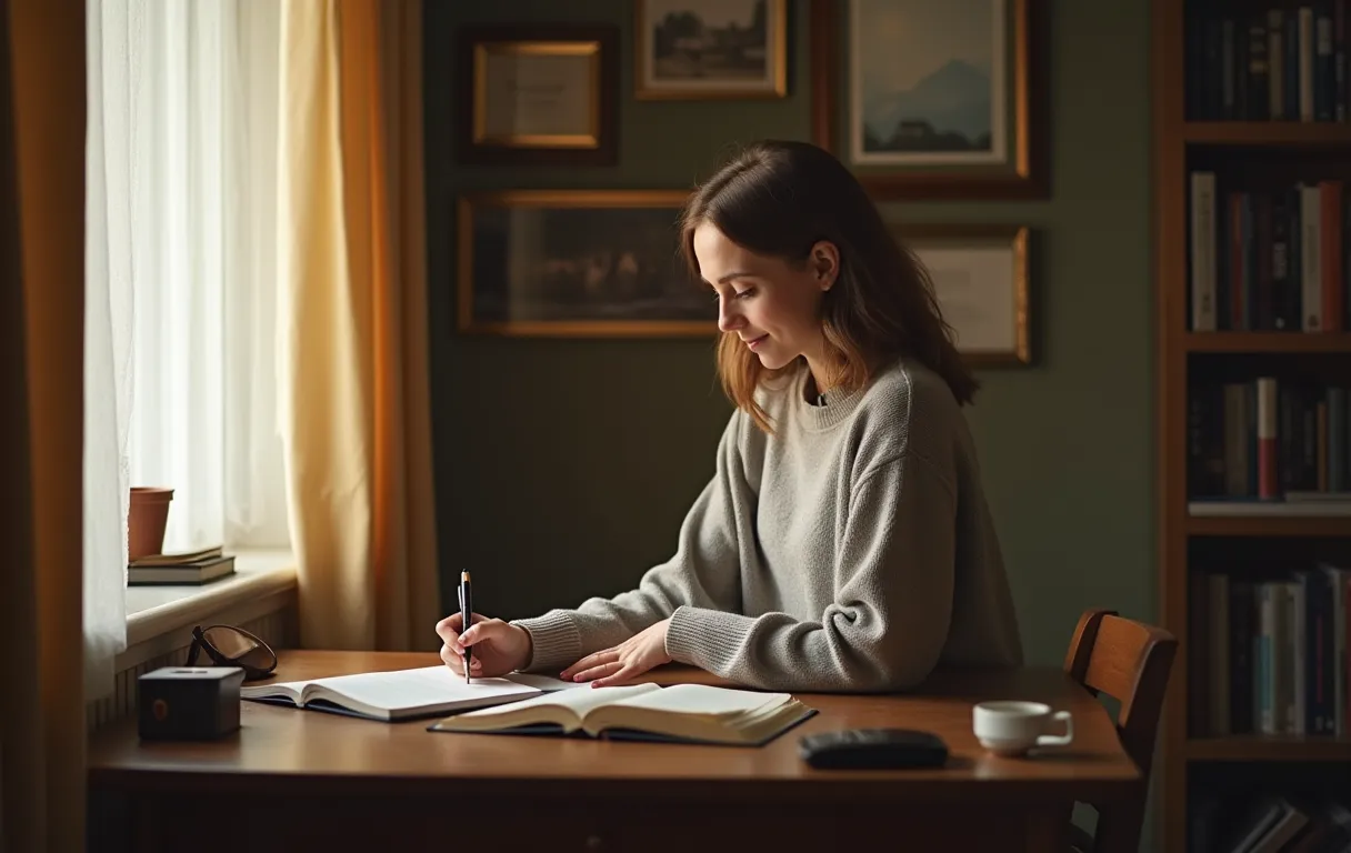 A young adult standing at a wooden desk in a quiet study carrel, writing in a journal with a pen, soft natural light streaming through a nearby window