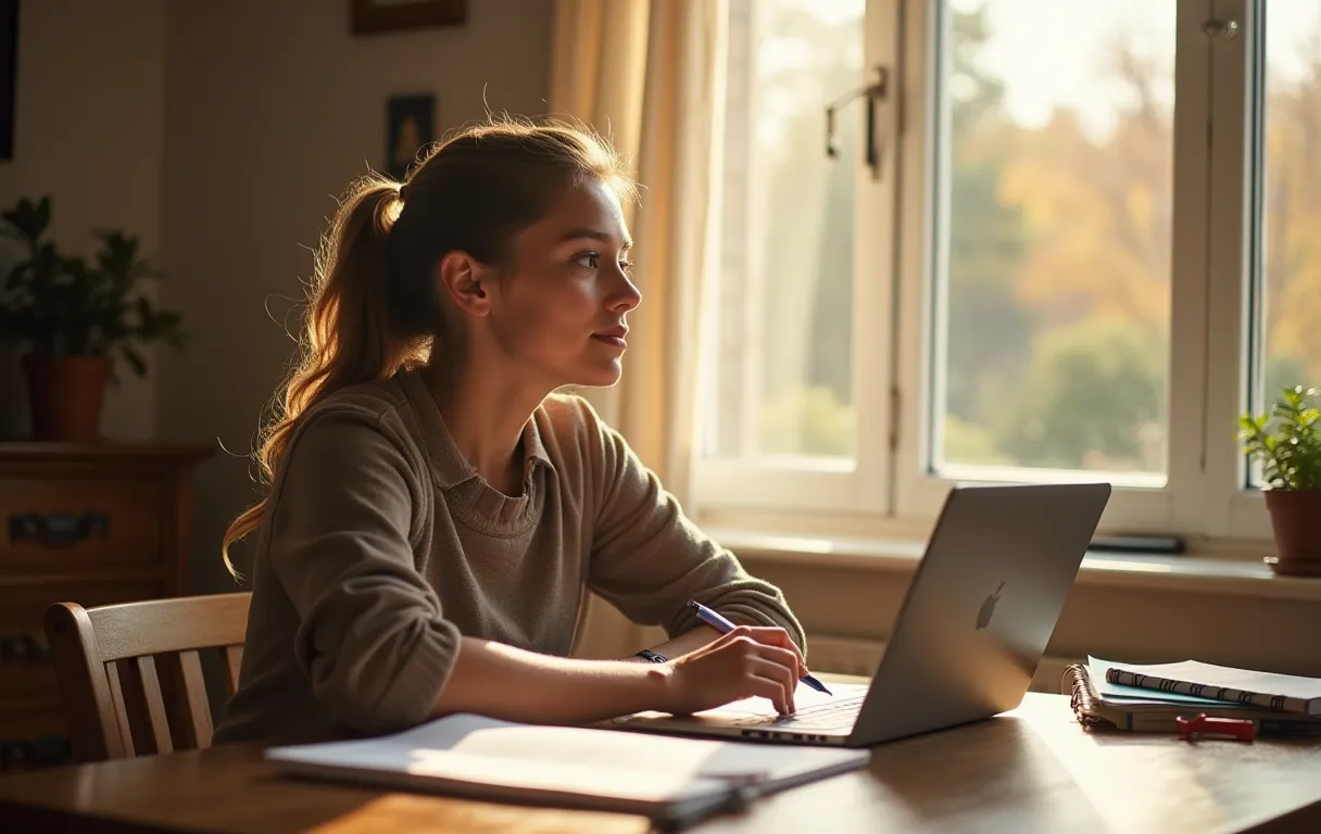A student sitting at a sunlit wooden desk, surrounded by scattered notebooks and a laptop, looking thoughtfully out a large window while holding a pen