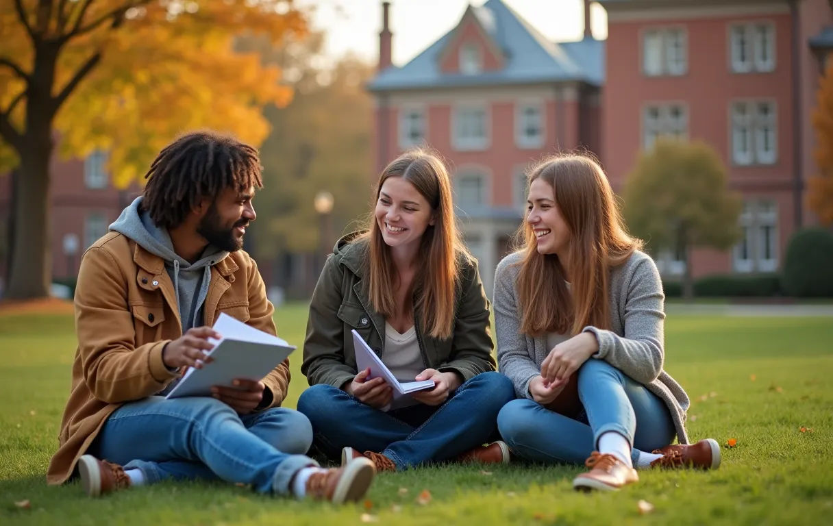 A diverse group of three college students sitting on a grassy campus lawn, sharing notebooks and laughing, with autumn trees and a brick academic building in the background