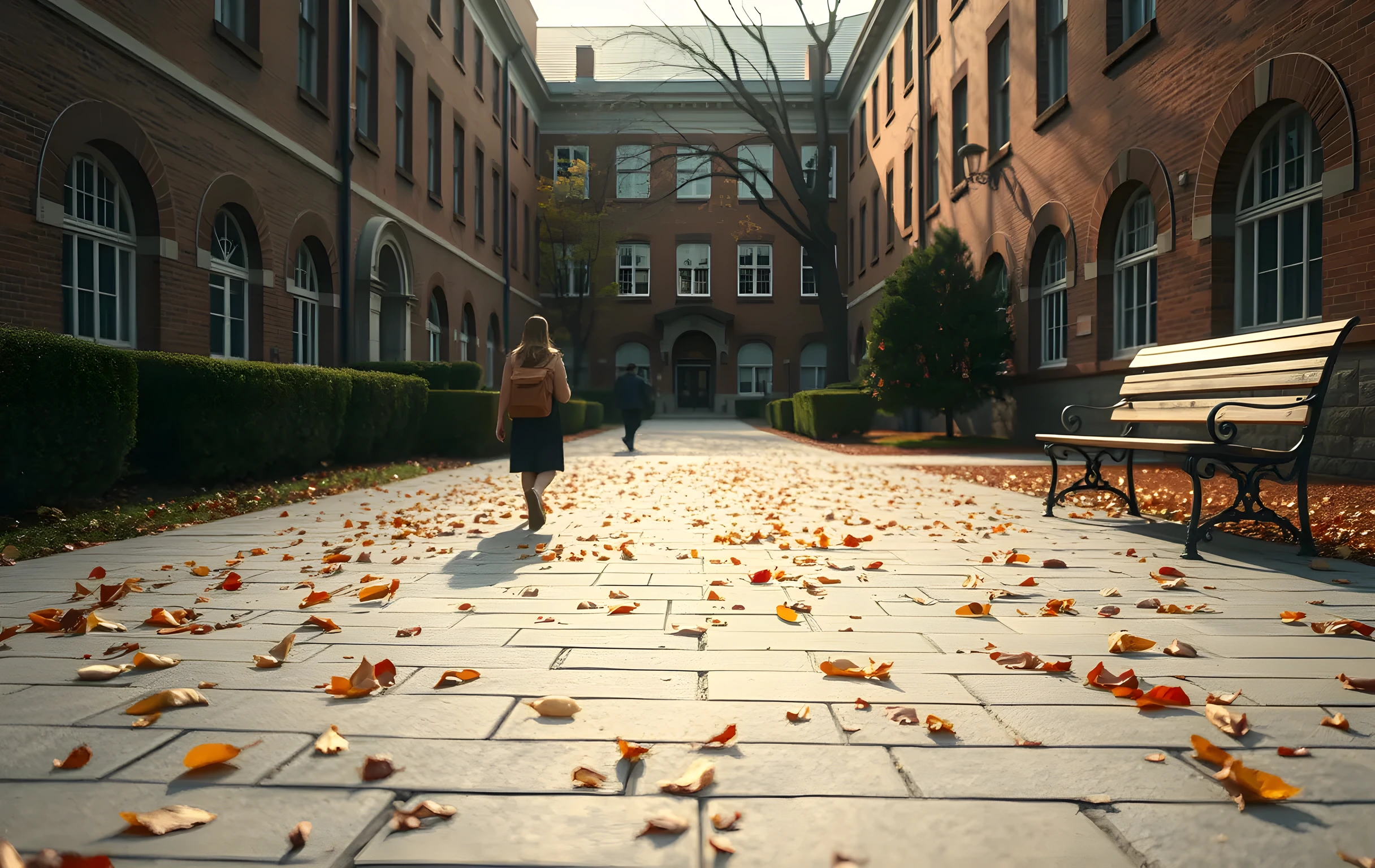 A wide autumn campus courtyard viewed from a low angle along a worn stone pathway, golden and rust-colored leaves scattered across the ground, old brick buildings with arched windows on either side, a single student seen at medium distance walking away from the camera carrying a canvas book bag over one shoulder, soft late-afternoon sunlight filtering through bare upper branches, low hedges and a weathered wooden bench lining the walkway, warm amber and sage color palette, peaceful and unhurried academic atmosphere, no visible faces, no text or signage