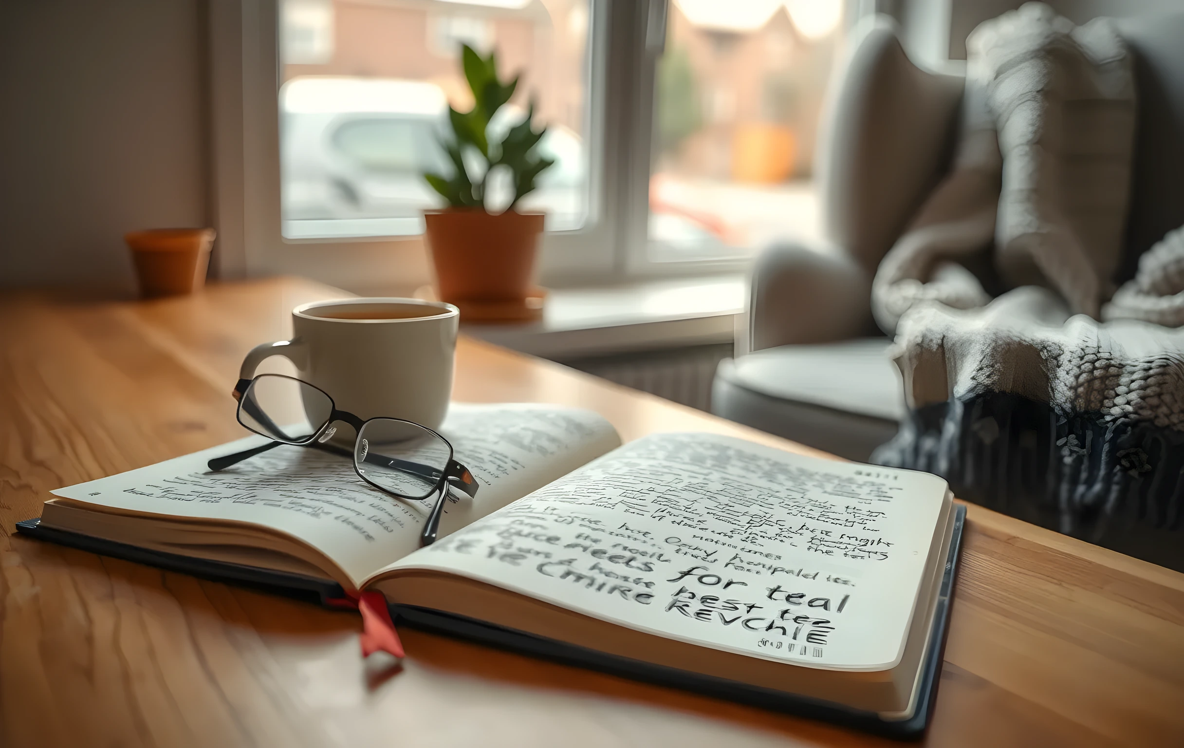 A close detail view of a kitchen table in warm evening lamplight, a pair of reading glasses resting on an open journal with dense handwritten pages, a half-empty ceramic mug of tea beside it, a small terracotta potted plant on the windowsill in the soft-focus background, the edge of a cozy armchair and a draped knit blanket visible at the far right, honey-toned wood grain surface, intimate domestic warmth, shallow depth of field keeping the background gently blurred, no faces, no text, no screens