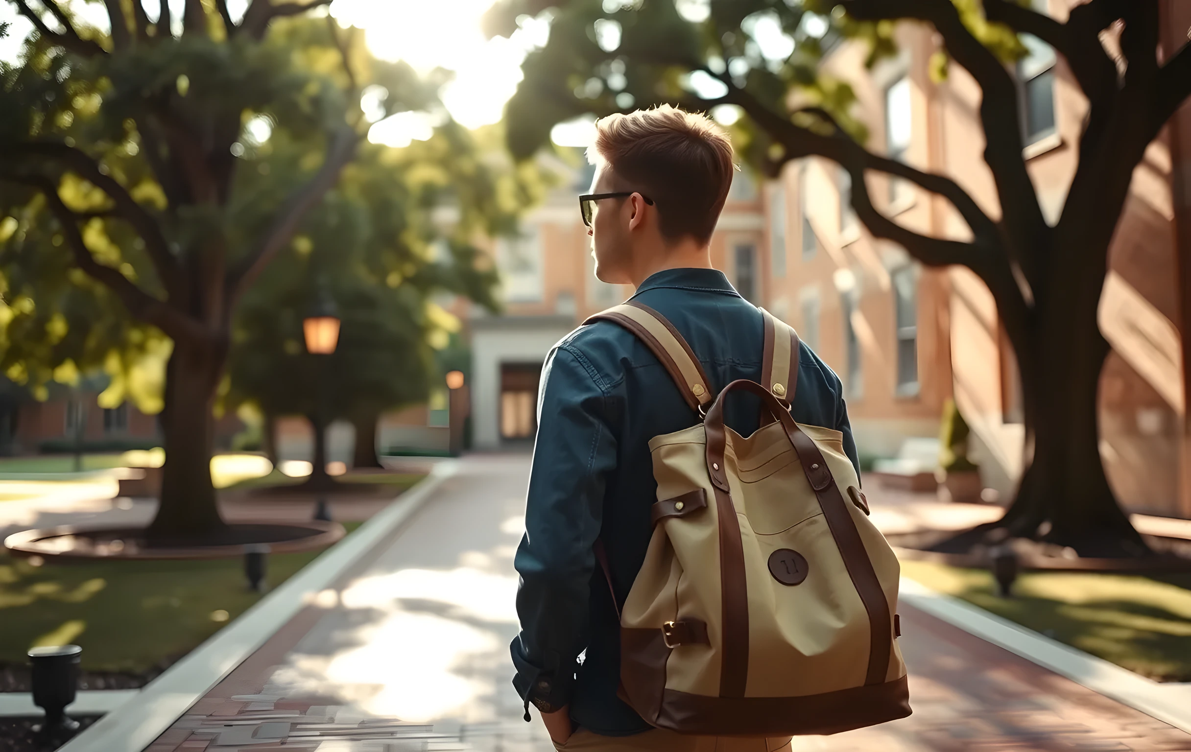 A sunlit campus courtyard in late afternoon, where a student walks along a brick path lined with mature oaks, carrying a canvas satchel and glancing toward a historic library entrance in the distance